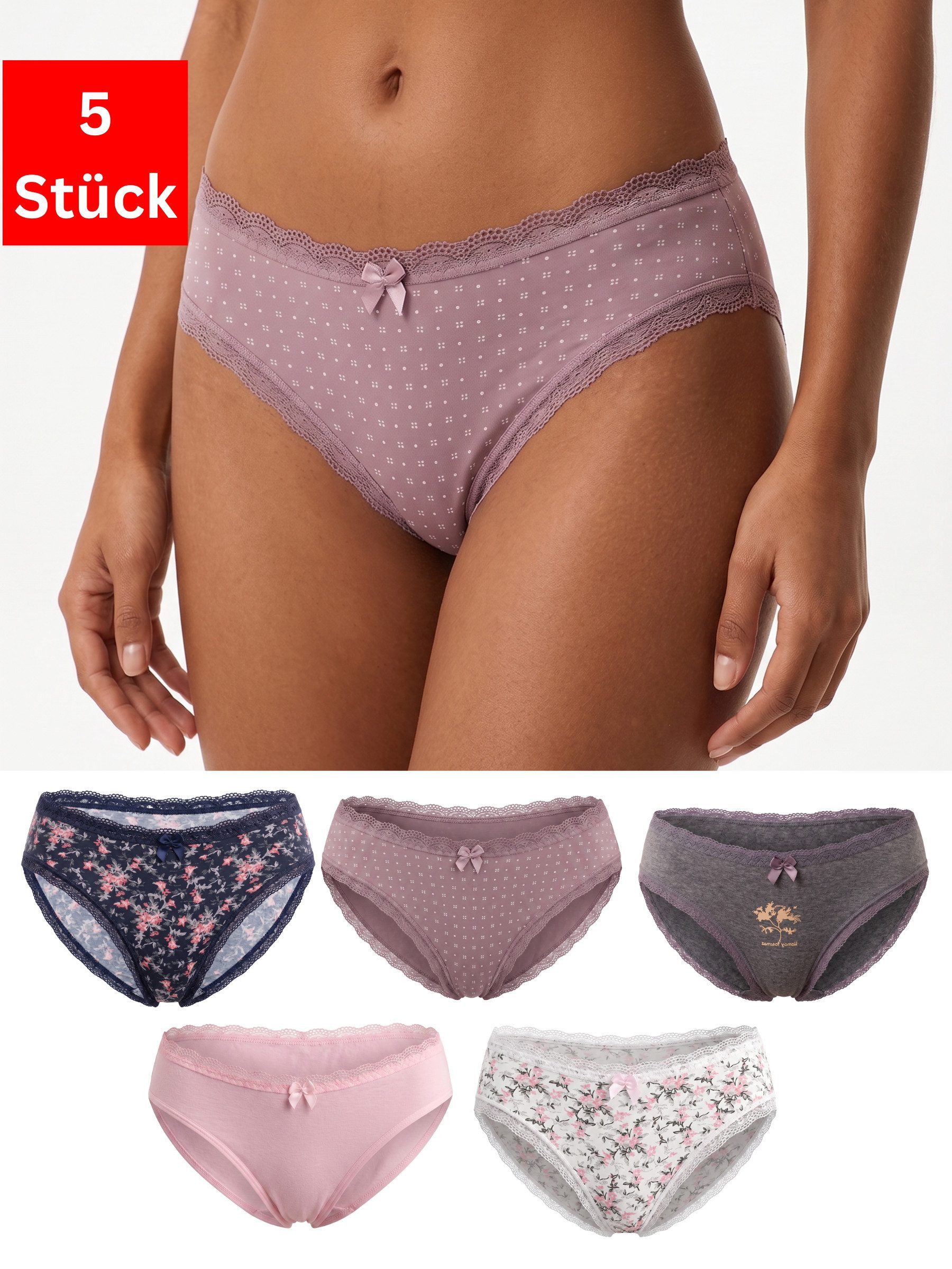 Elegant Love Slip Damenslips mit Blumenmuster, weiche Unterwäsche mit Zierschleife (Packung, 5-St., 5er-Pack) Panties im Mehrpack, …