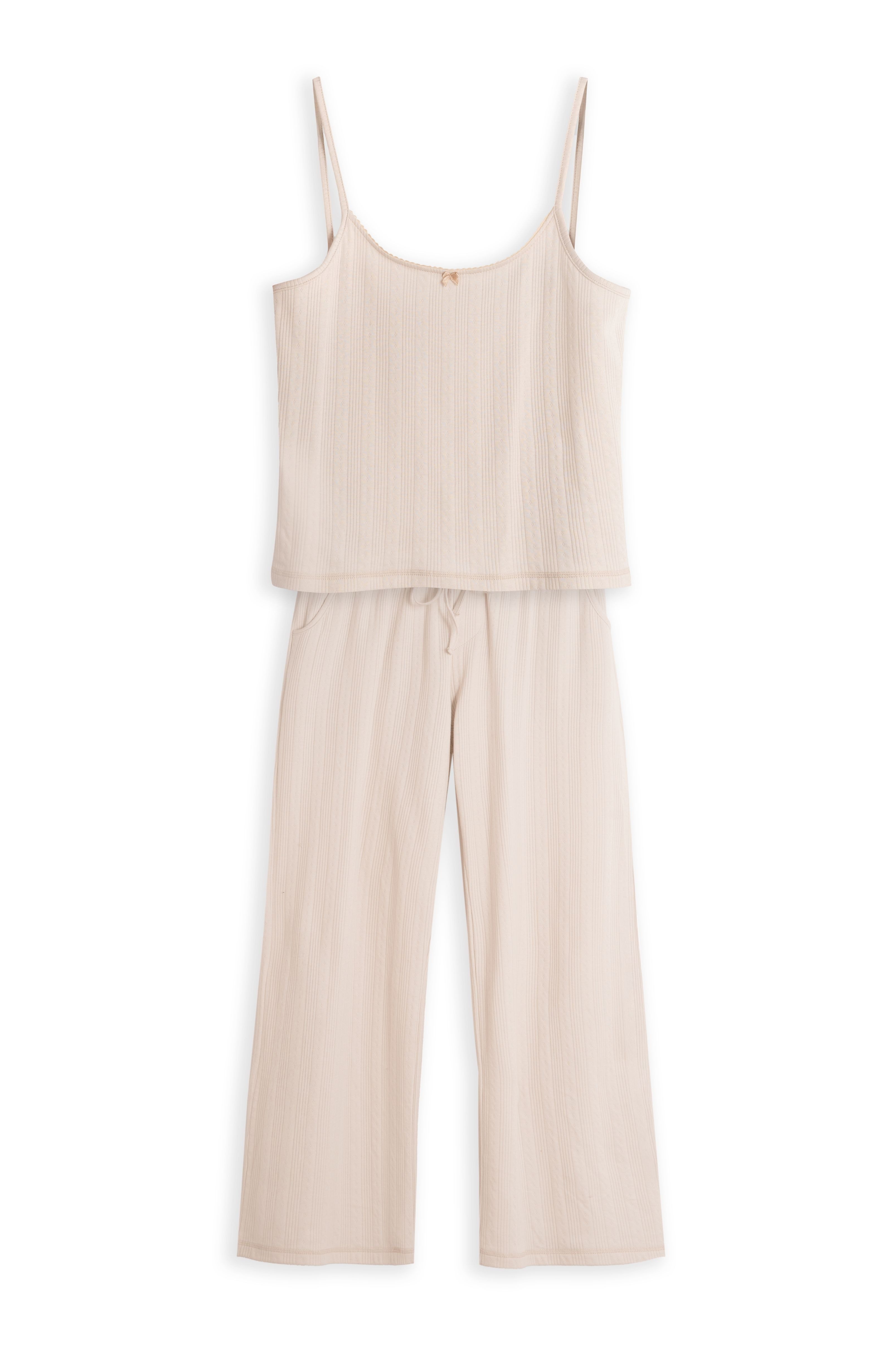 Mademoiselle Sommeil Pyjama Damen Camisole-Schlafanzug aus Pointelle-Strick in Naturweiß (2 tlg) 100% Baumwolle, lange Hose mit Taschen, gefertigt in Polen