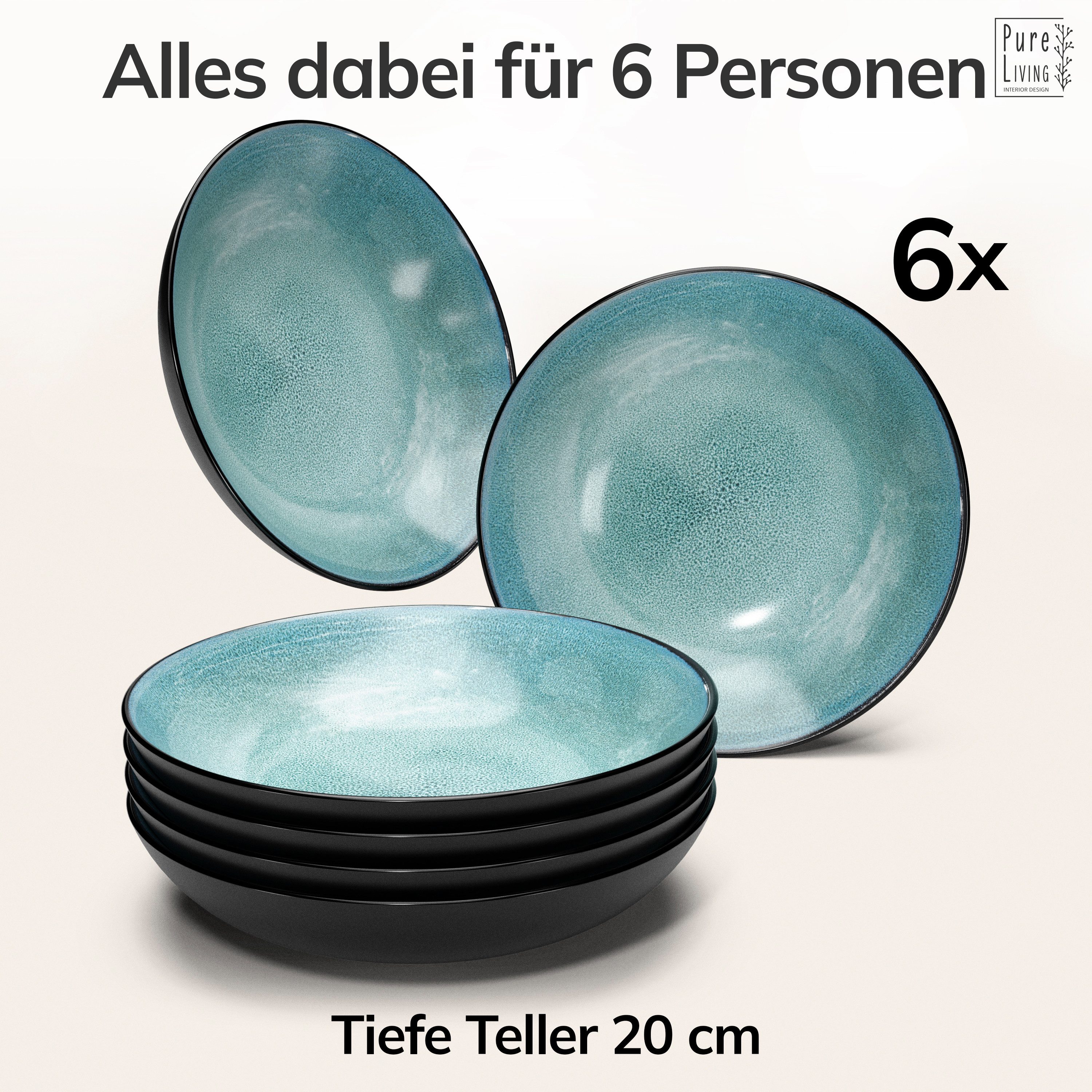 PURE LIVING INTERIOR DESIGN Geschirr-Set Ibiza, 6er-Set Suppenteller, 20 cm, Riffelstruktur, Petrol (6-tlg), 6 Personen, Steingut – Bild 5 von 5