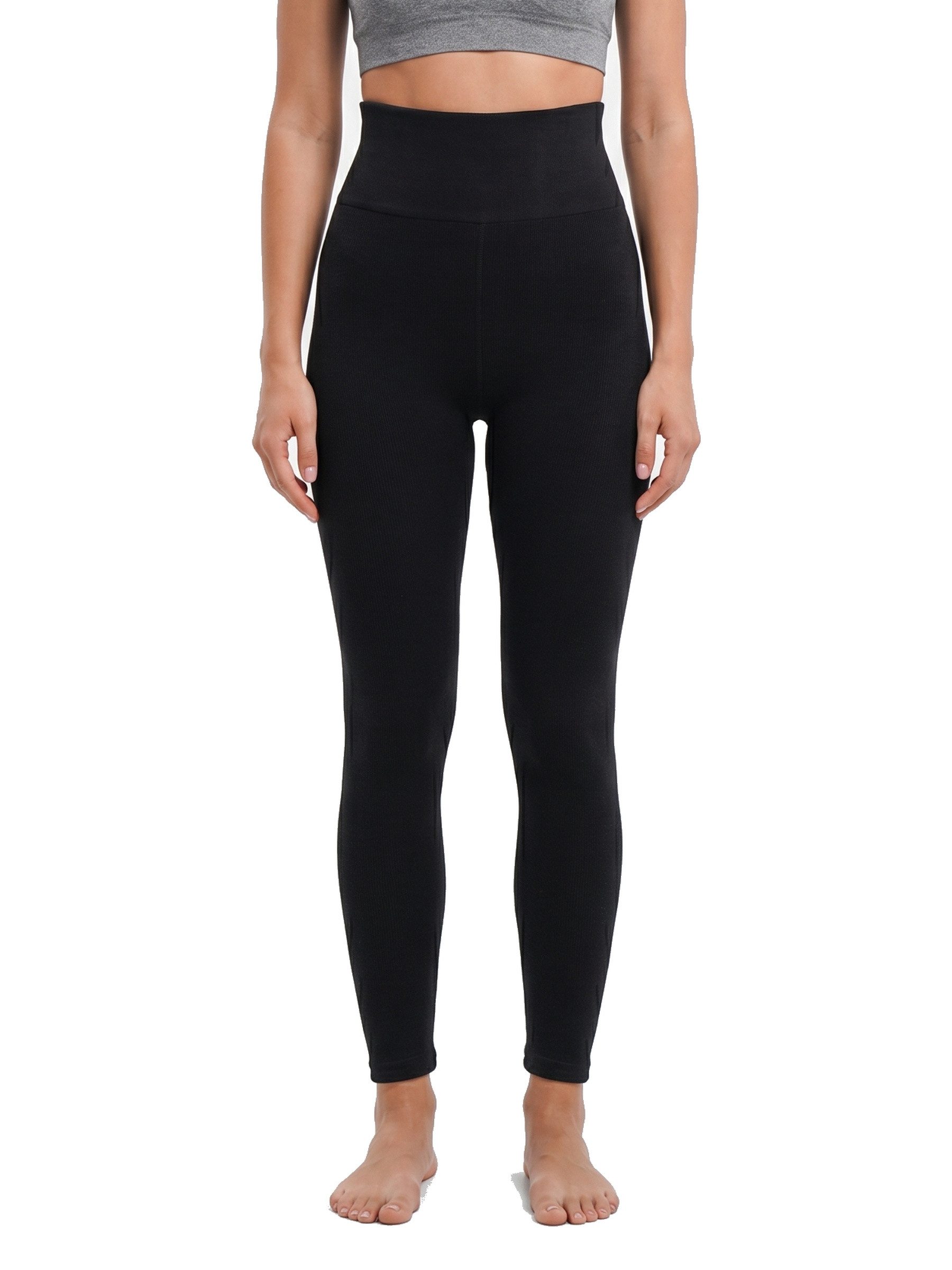 Black Snake Thermoleggings für Damen gefüttert mit Teddyfell-Sherpa und blickdichtem High Waist (Einzelstück, 1-tlg., Schwarz L/XL) Schwerer Rippstrick 240 g/m² mit wollweißen Kanten und rundum dehnbar