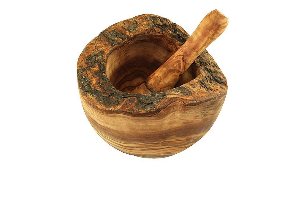 Olivenholz-erleben Mörser Durchmesser ca. 12 cm aus Olivenholz mit Stößel – rustikal, massiv, (Set, 2-tlg), Handgefertigter Olivenholz-Mörser – jedes Stück ein  – Bild 3 von 3