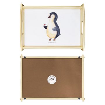 Mr. & Mrs. Panda Tablett Pinguin Marienkäfer - Weiß - Geschenk, Glück, Holztablett, Küchentabl, Echtholz lasiert, (1-tlg), Kratzfeste Oberfläche