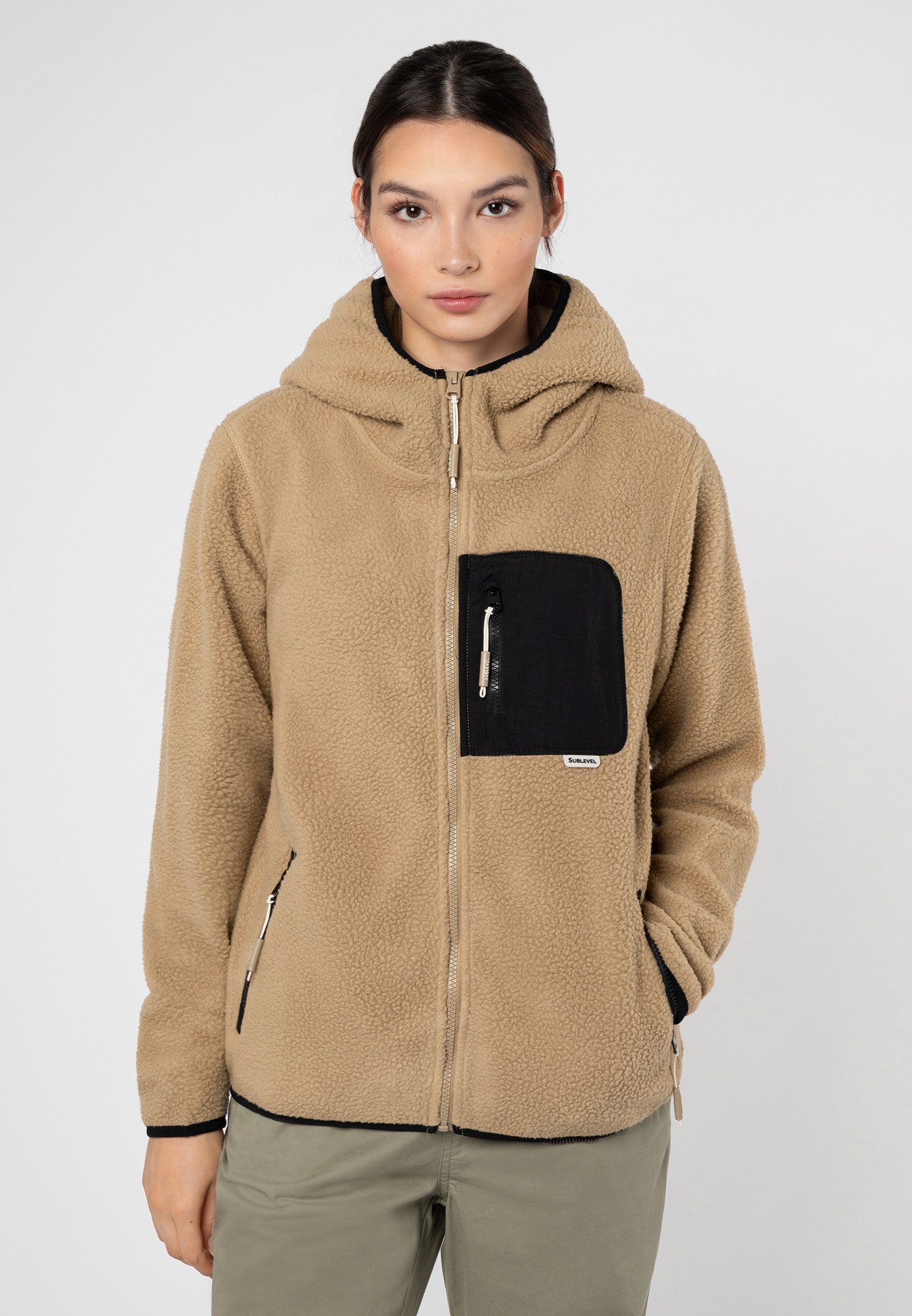 SUBLEVEL Fleecejacke Damen Teddyfleecejacke mit Brusttasche und Kapuze Flee günstig online kaufen