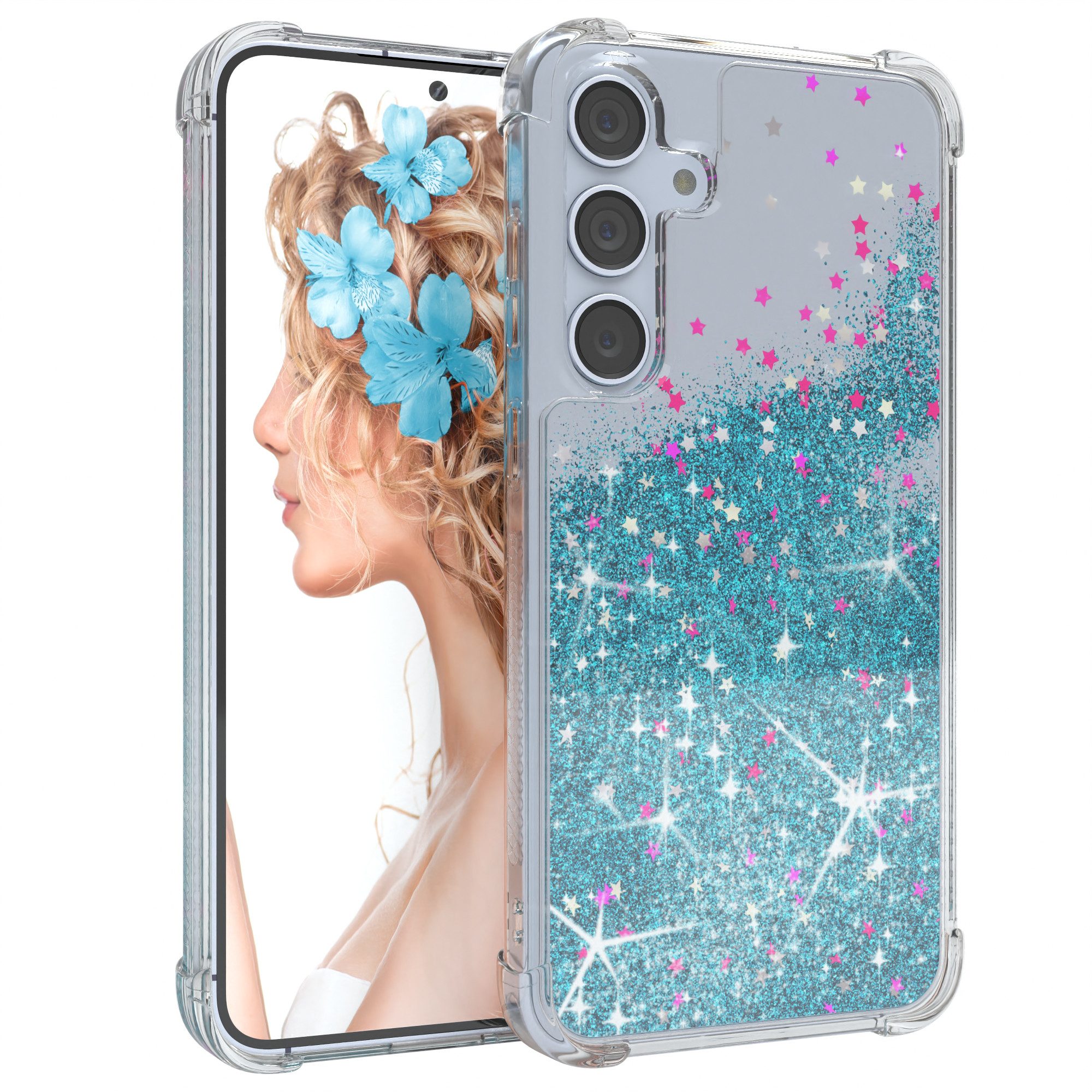 EAZY CASE Handyhülle Liquid Glittery Case für Samsung Galaxy S24 Plus 6,7 Zoll, Gloss Slimcover Girly Backcover Bling Phone Case kratzfeste Cover Blau