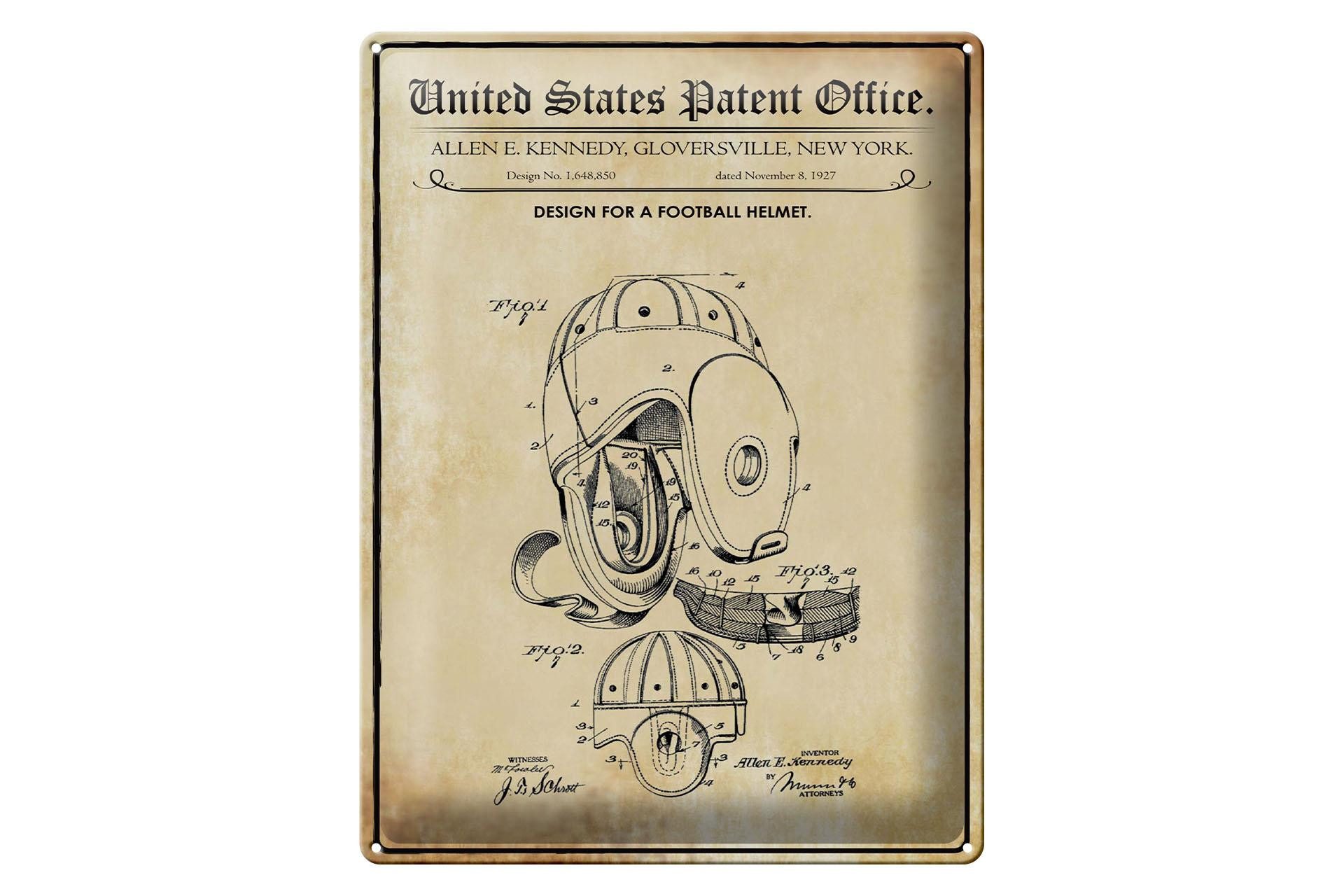 Femer GmbH Metallschild Patent 30x40 cm Entwurf für einen Football-Helm, (1 St), gewölbte Oberfläche, abgerundete Ecken, umgeschlagene Kanten