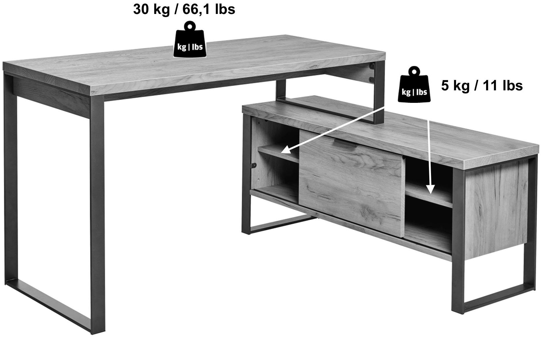 Jahnke Eckschreibtisch montierbar | LOOP, | Weiß Kerneiche/Weiß Kerneiche wechselseitig