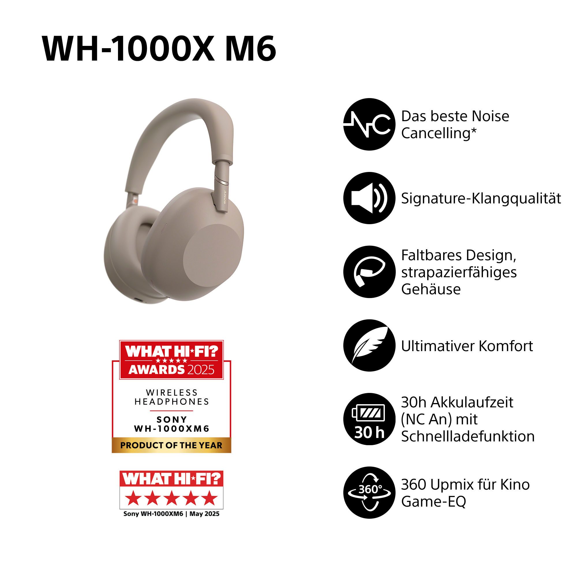 Sony WH-1000XM6 Premium Noise Cancelling Wireless Over-Ear-Kopfhörer (Freisprechfunktion, Multi-Point-Verbindung, Noise-Cancelling, Transparenzmodus, Wireless-Audio-Streaming, integrierte Steuerung für Anrufe und Musik, A2DP Bluetooth, Bluetooth, HFP, HSP, AVRCP Bluetooth, Kabellose Over Ear Kopfhörer mit Sony’s bestem Noise Cancelling)