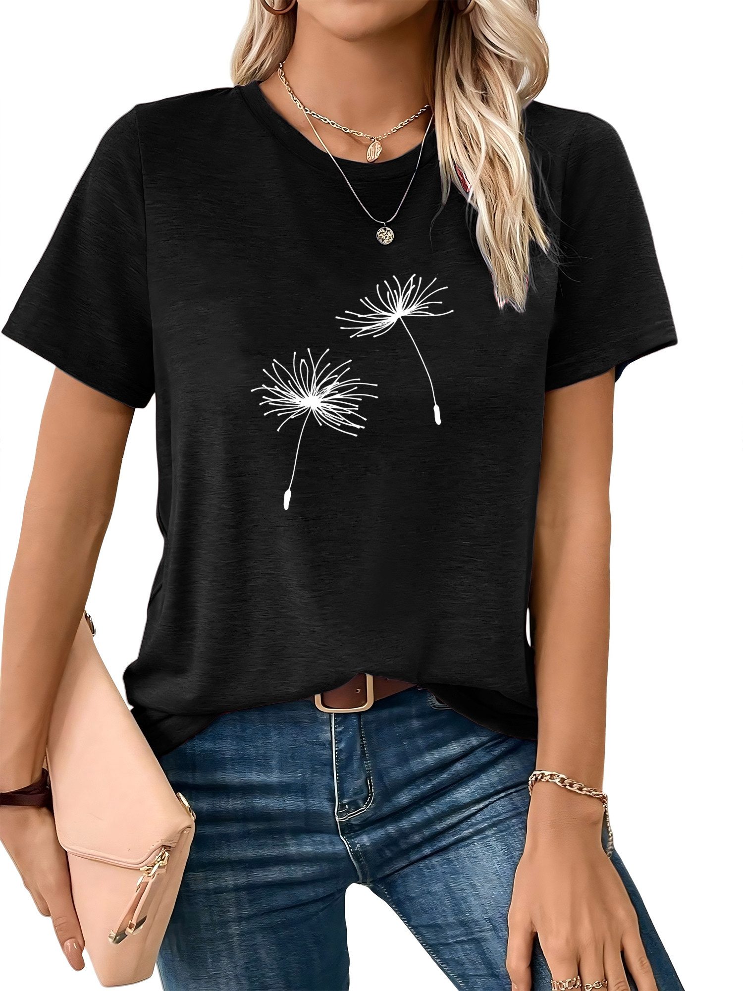 PYLIKE Kurzarmshirt Damen Sommer Casual bequemes t shirt mit Löwenzahn Print-Shirt Bequem für Freizeit und Büro,Strandurlaub