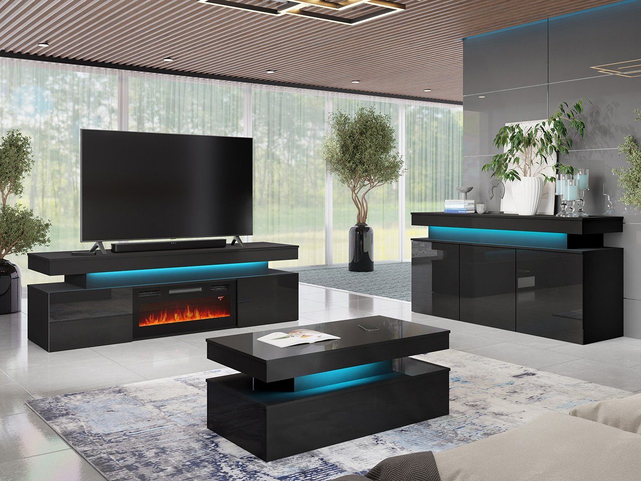 MIRJAN24 Wohnzimmer-Set Glossa II, Kamin, (3er-Set, blauer Schwarz TV-Lowboard Hochglanz Couchtisch), LED-Beleuchtung Kommode, mit mit