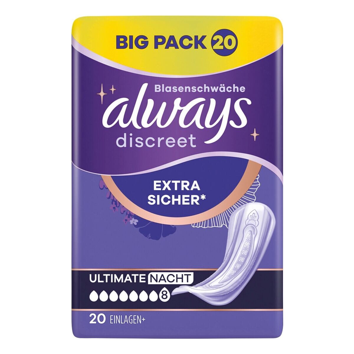 always Inkontinenz-Einlage Discreet + Ultimate Nacht, 8, 20-St., Saugstärke 8 - starke Blasenschwäche