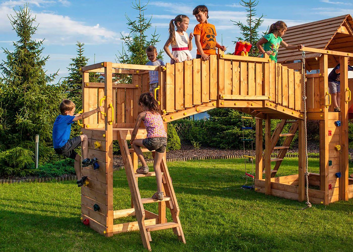 FUNGOO Spielturm FORTRESS TIPTOP Rainbow, mit Schaukel & Rutsche, Klettererweiterung, Sandkasten