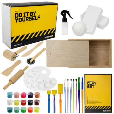 DIBYS Modelliermasse DIY Töpfer-Set für Kinder u. Erwachsene weißer Ton Holzwerkzeug Farben (Kreatives Modelliermasse-Set, Set), mit Aufbewahrungsbox