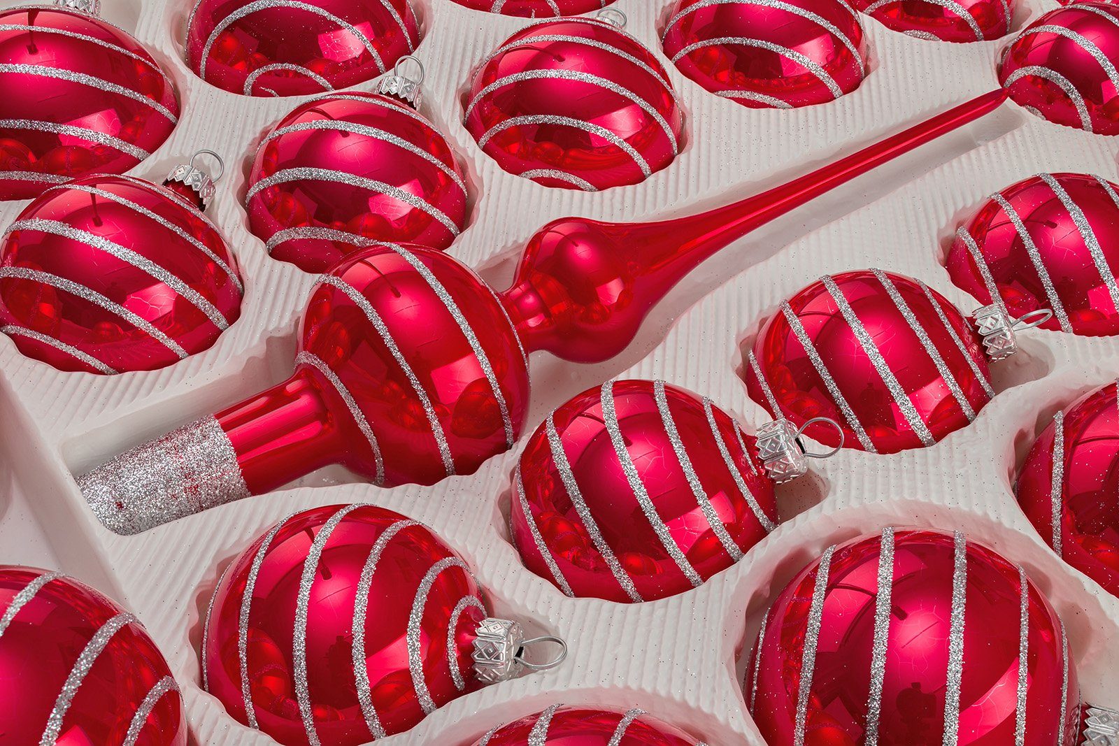 Glas-Weihnachtskugel Rot Navidacio Candy Set Silber-Spiralen" "Hochglanz 39tlg. Weihnachtsbaumkugel