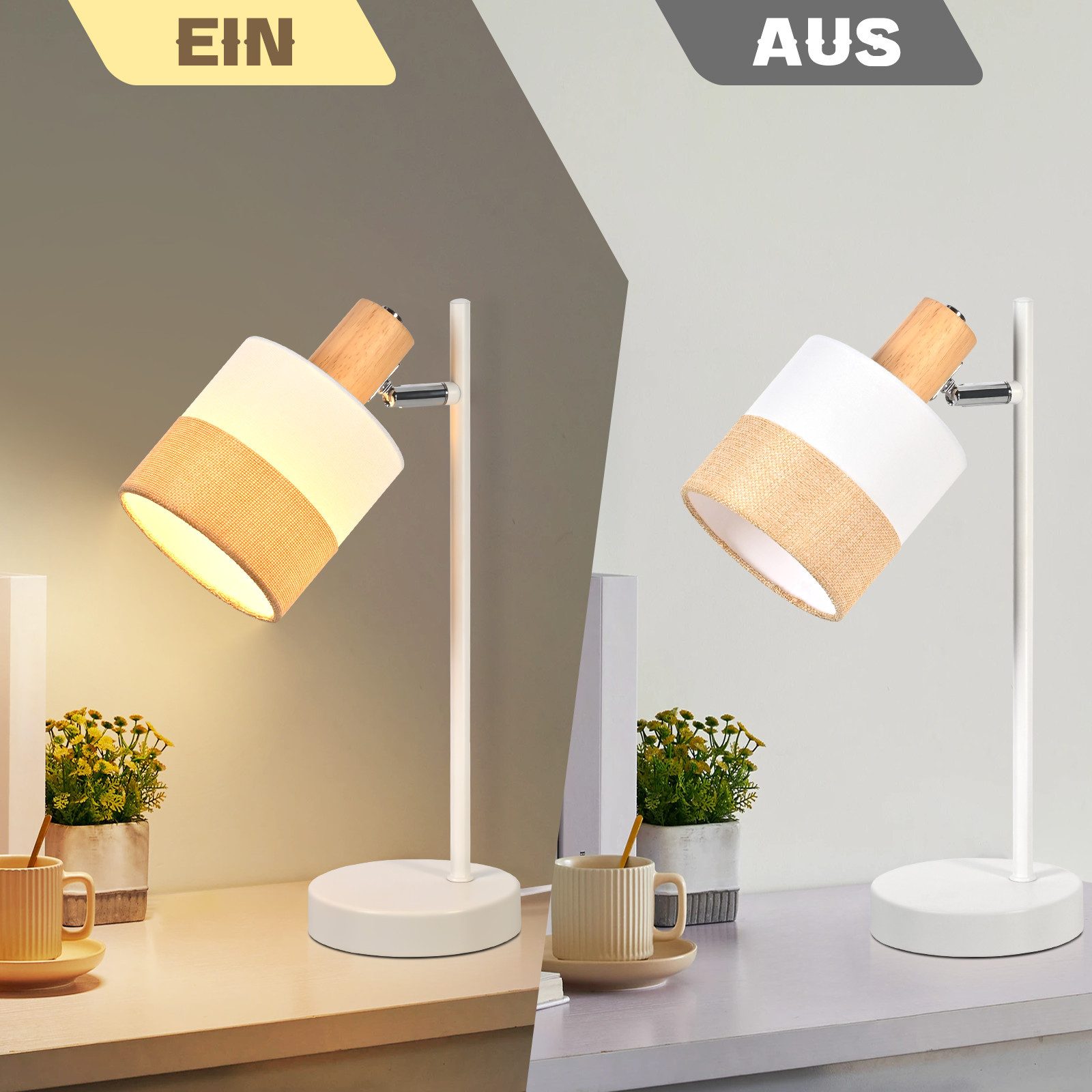 Nettlife Tischleuchte Vintage Stoffschirm Drehbare Retro Nachttischlampe E14 Fassung, ohne Leuchtmittel, Schreibtisch Nachttisch oder Beistelltisch