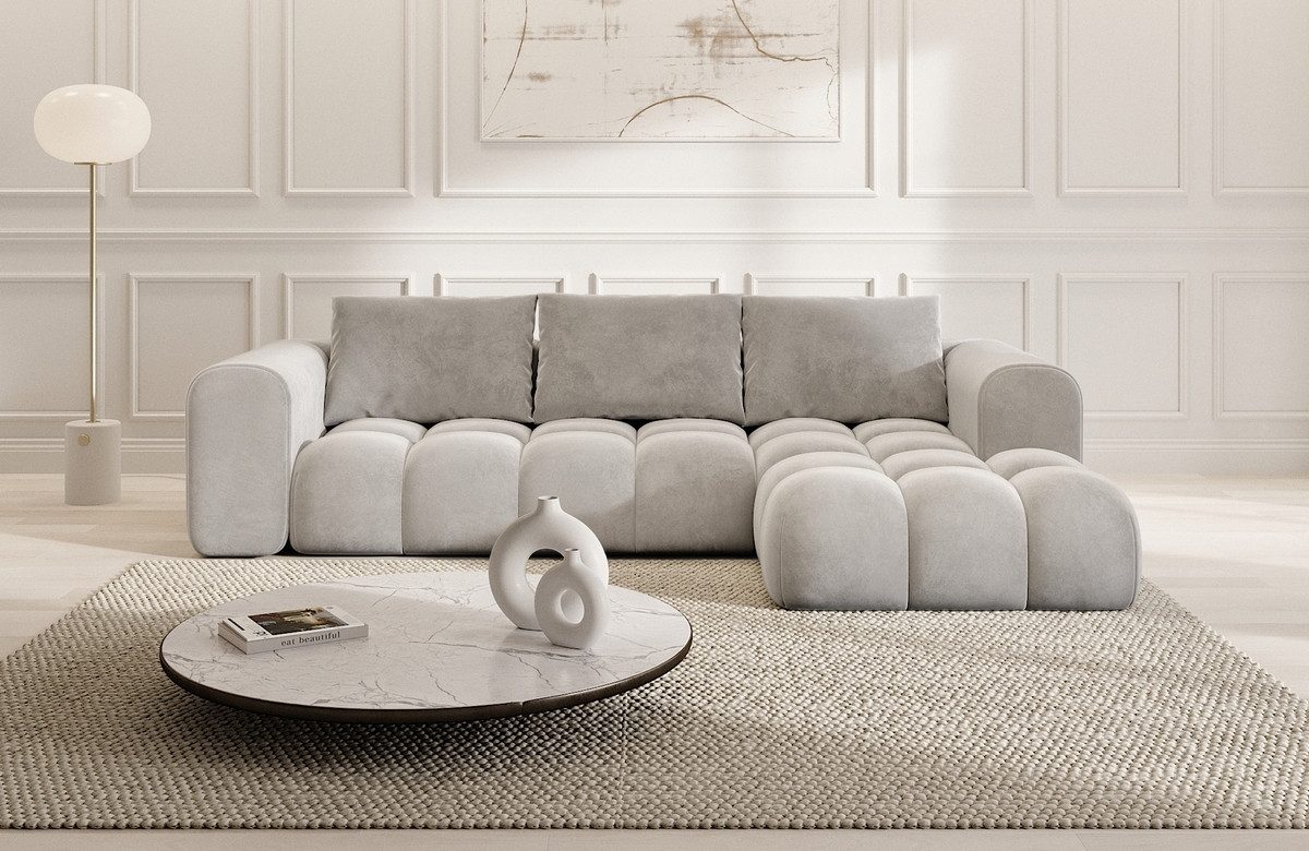 Sofa Dreams Ecksofa Casaluna L Form kurz Stoff Couch Polsterecke, 4-Sitzer, Ottomane rechts, Samtstoff Bezug in Hellgrau