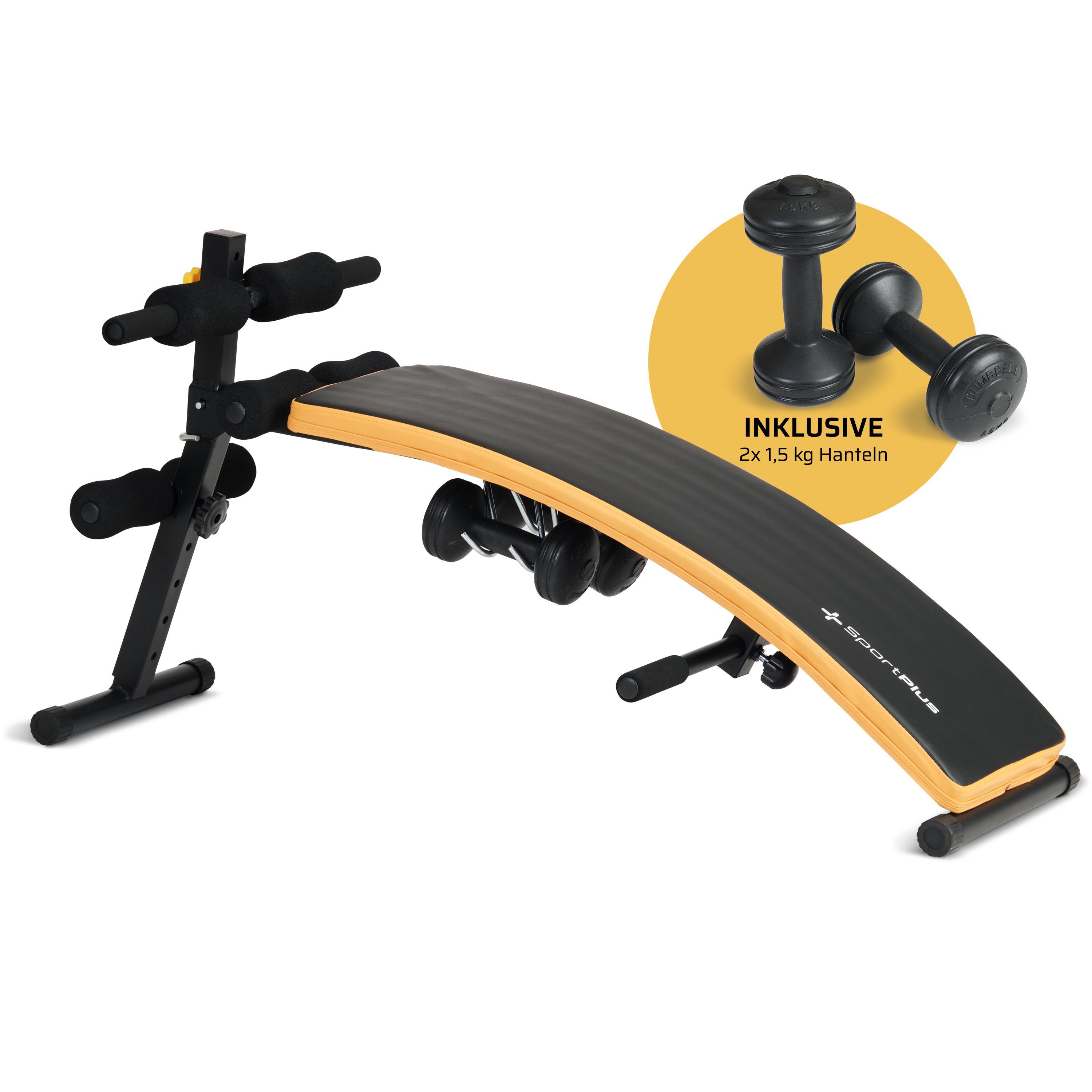 SportPlus Sit-Up Bank SP-SUB-001-W, Sit-Up Bank, inkl. 2 x 1,5kg Hanteln, Fitnessbank, Bauchtrainer