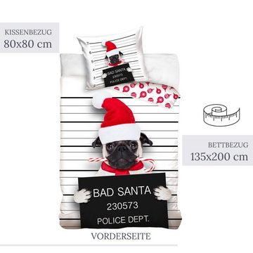 Bettwäsche Bad Santa 135x200 + 80x80 cm 2 tlg., 100 % Baumwolle in Renforcé, MTOnlinehandel, Renforcé, 2 teilig, gestreifte Merry Christmas Weihnachten Winter Bettwäsche
