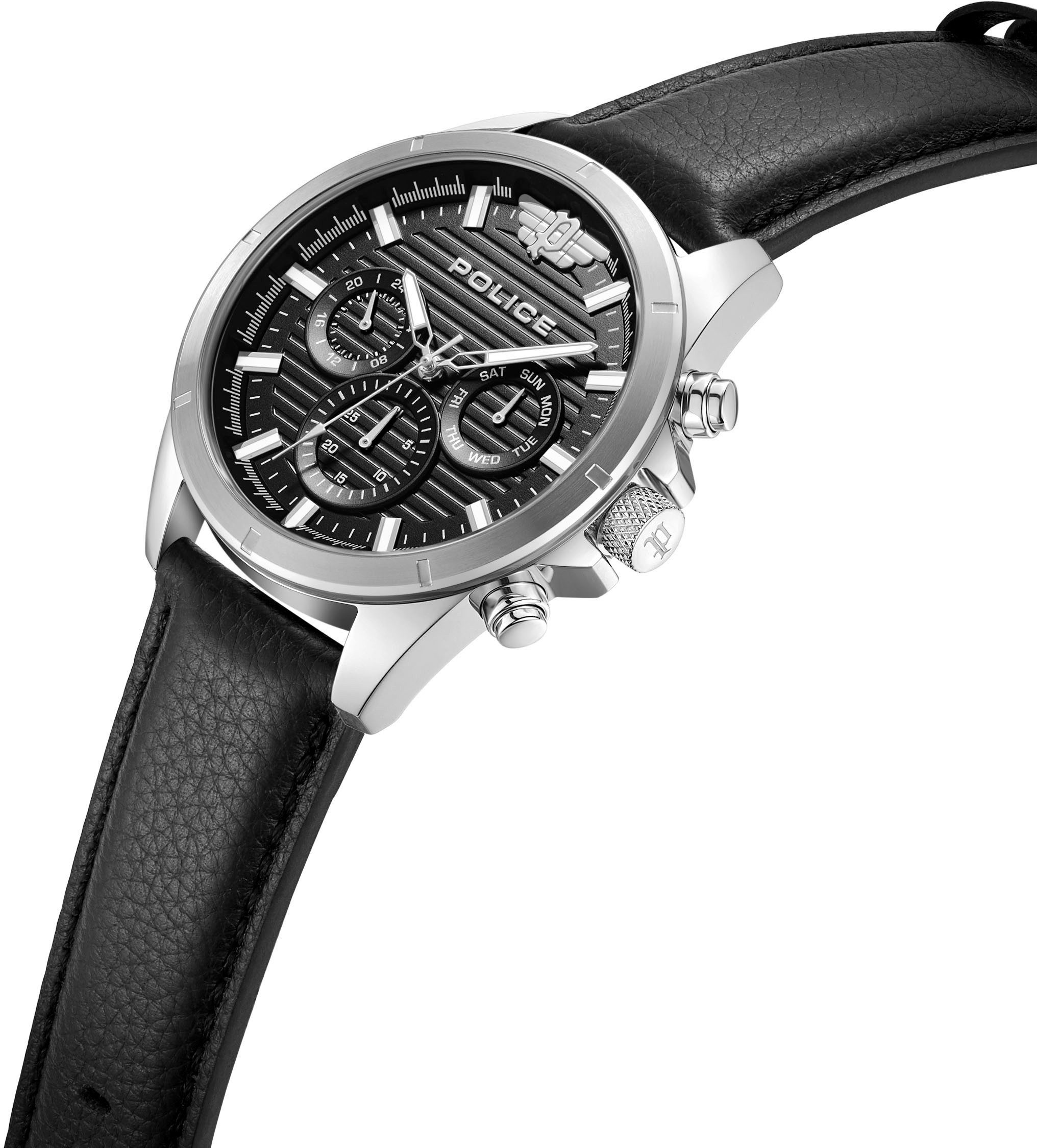 Police Multifunktionsuhr MALAWI PEWJF2227810, Quarzuhr, Armbanduhr, Herrenuhr, Lederarmband, analog, Wochentag