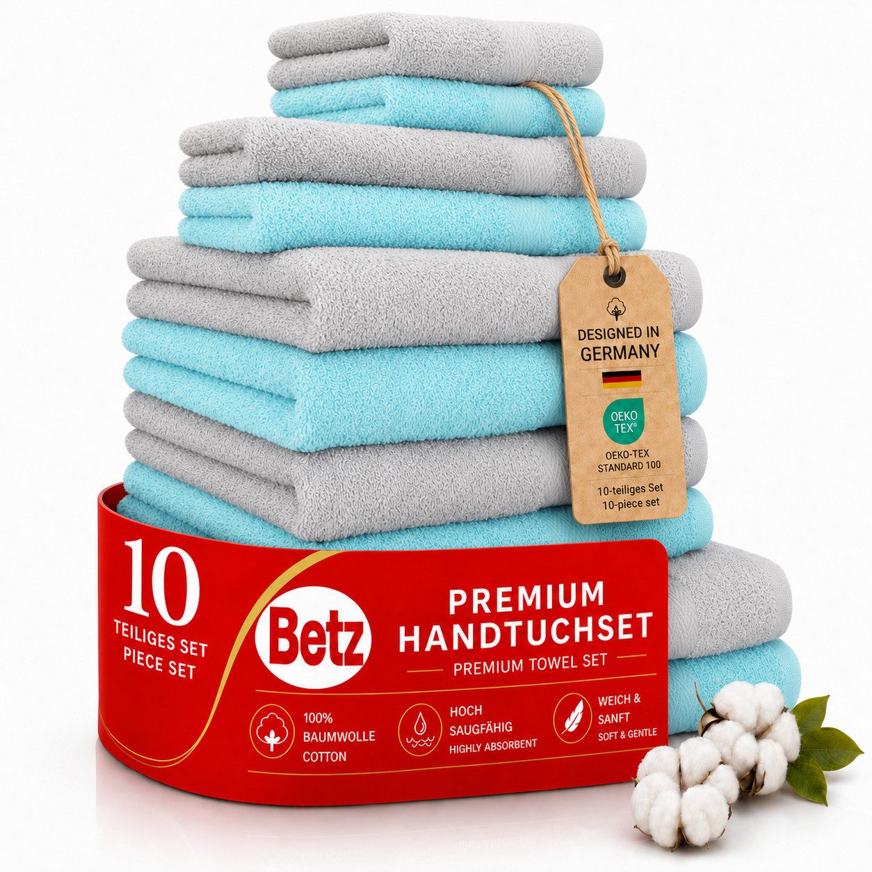 Betz Handtuch Set 10-TLG. Handtuch-Set Classic Farbe silbergrau und türkis, 100% Baumwolle (10-St)