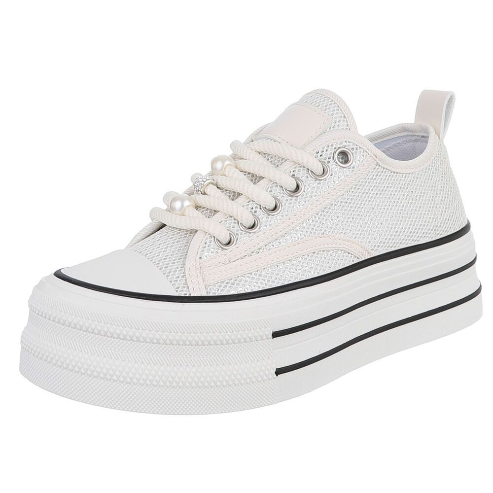Ital-Design Stylische Plattform-Sneaker mit Perlen-Details für Damen Sneaker (91117323) Flach Sneakers Low in Beige