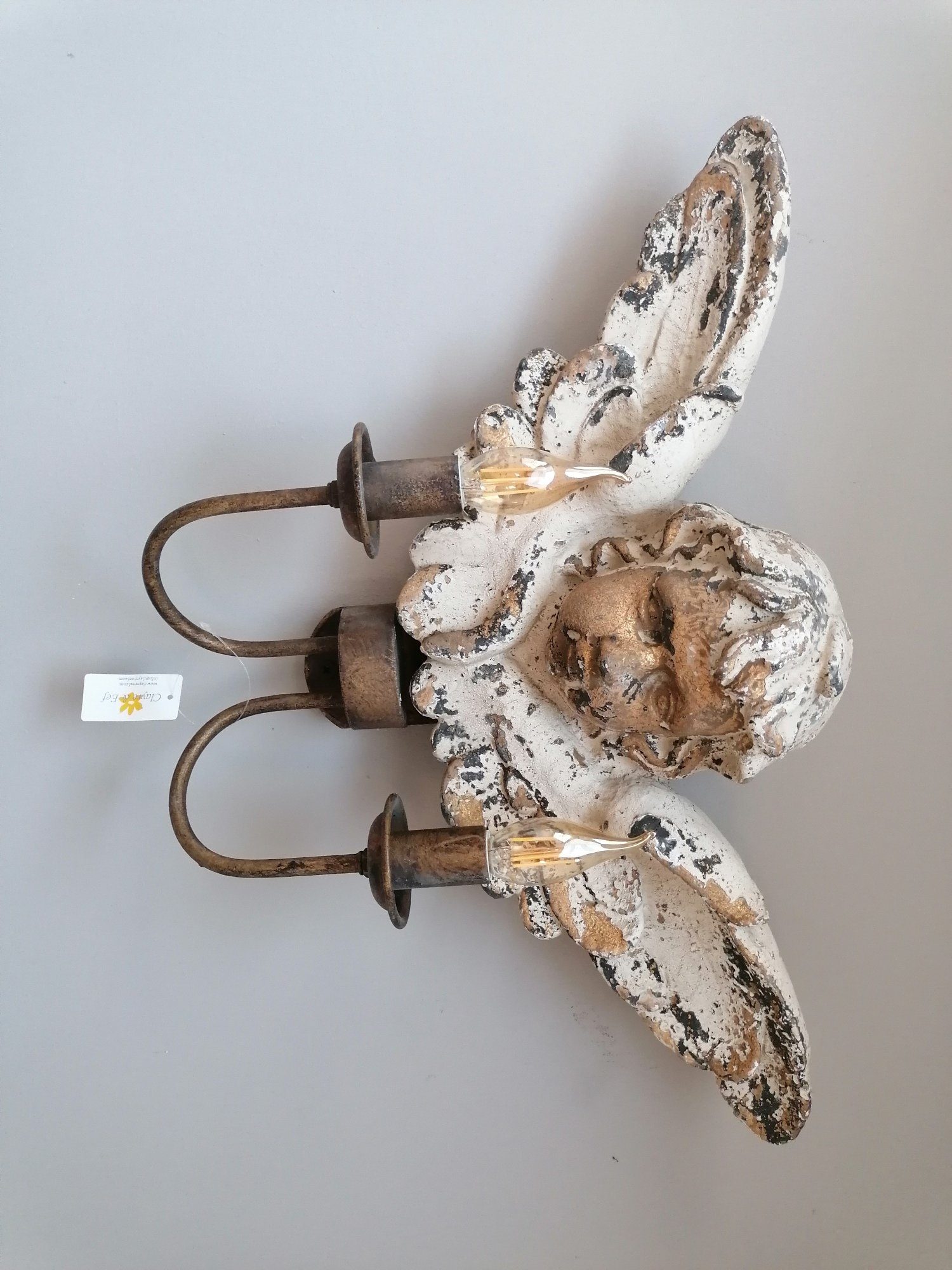 Clayre & Eef Wandleuchte Wandlampe Lampe Engel Putte Eisen rost Patina creme gold shabby, ohne Leuchtmittel, Wandleuchte