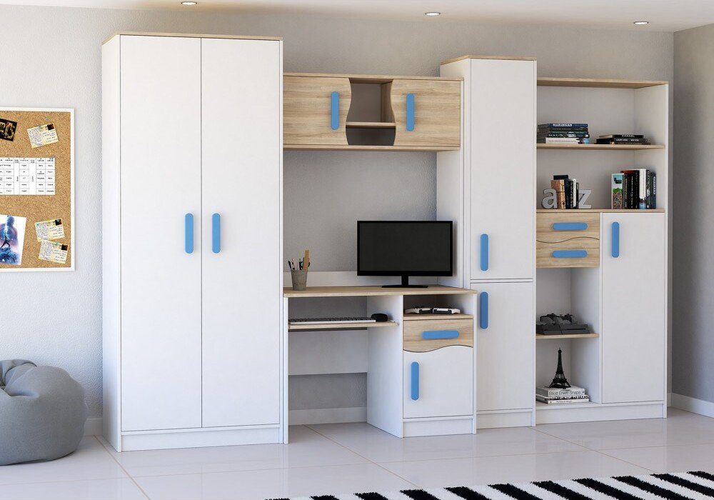 Polini Home Jugendzimmer-Set Wohnwand in Colour von Weiß-blau Kinderzimmer Geräumig Home, Polini Anbauwand