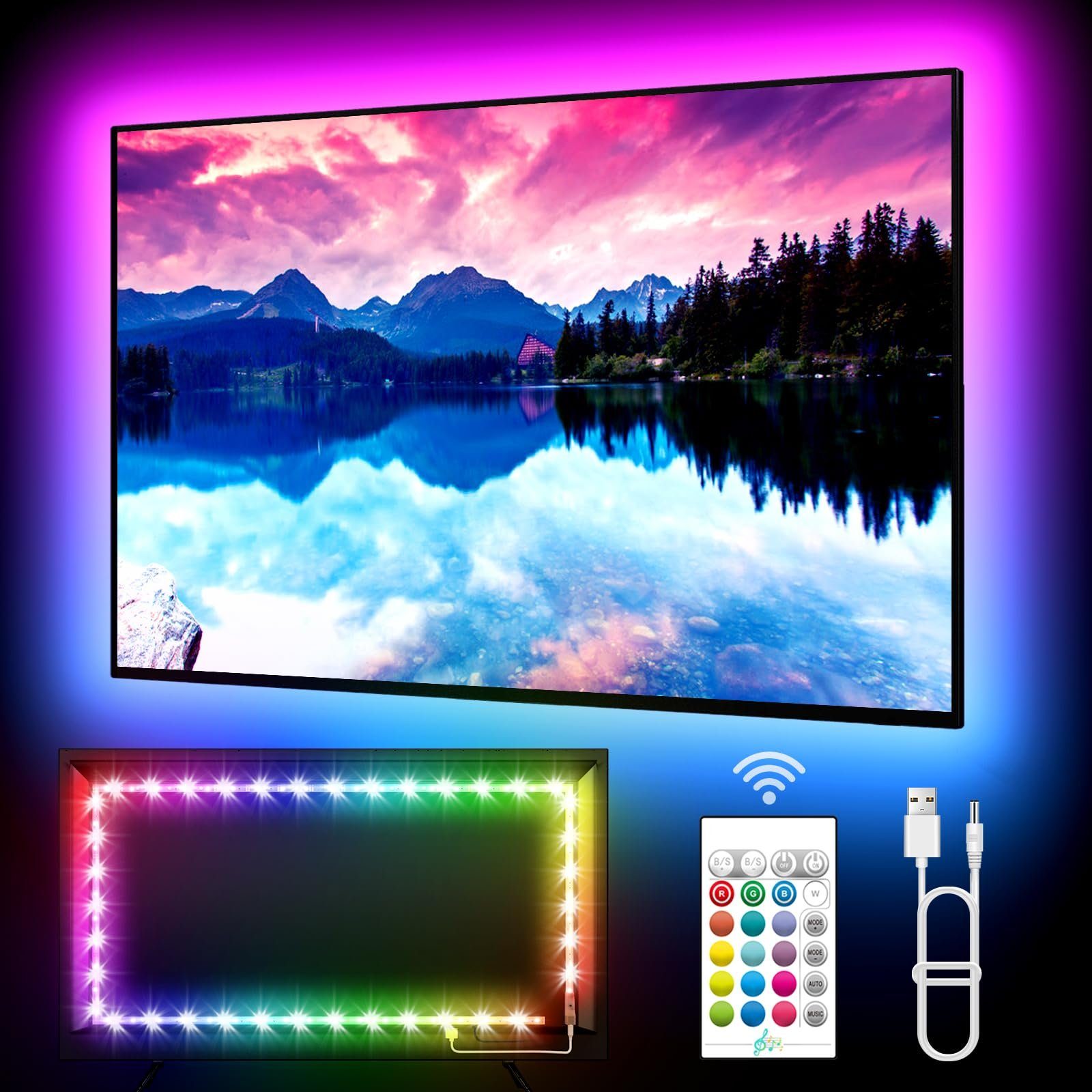 MUPOO LED Lichtleiste RGB LED-Streifen LED TV-Hintergrundbeleuchtung,LED-Stripe Musik-Sync,Gaming-Dekor 2M--Fernbedienung, Atmosphäre, USB Nachtlicht, Nachtlicht