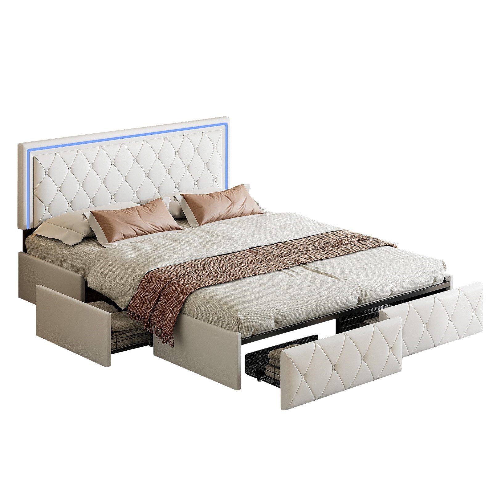 FUROKOY Stauraumbett Stauraumbett Polsterbett Doppelbett mit 4 Schubladen (1-tlg., Jugendbett mit Höhenverstellbares Kopfteil), mit Metallrahmen und Lattenrost, 140x200 cm, Kunstleder, Beige