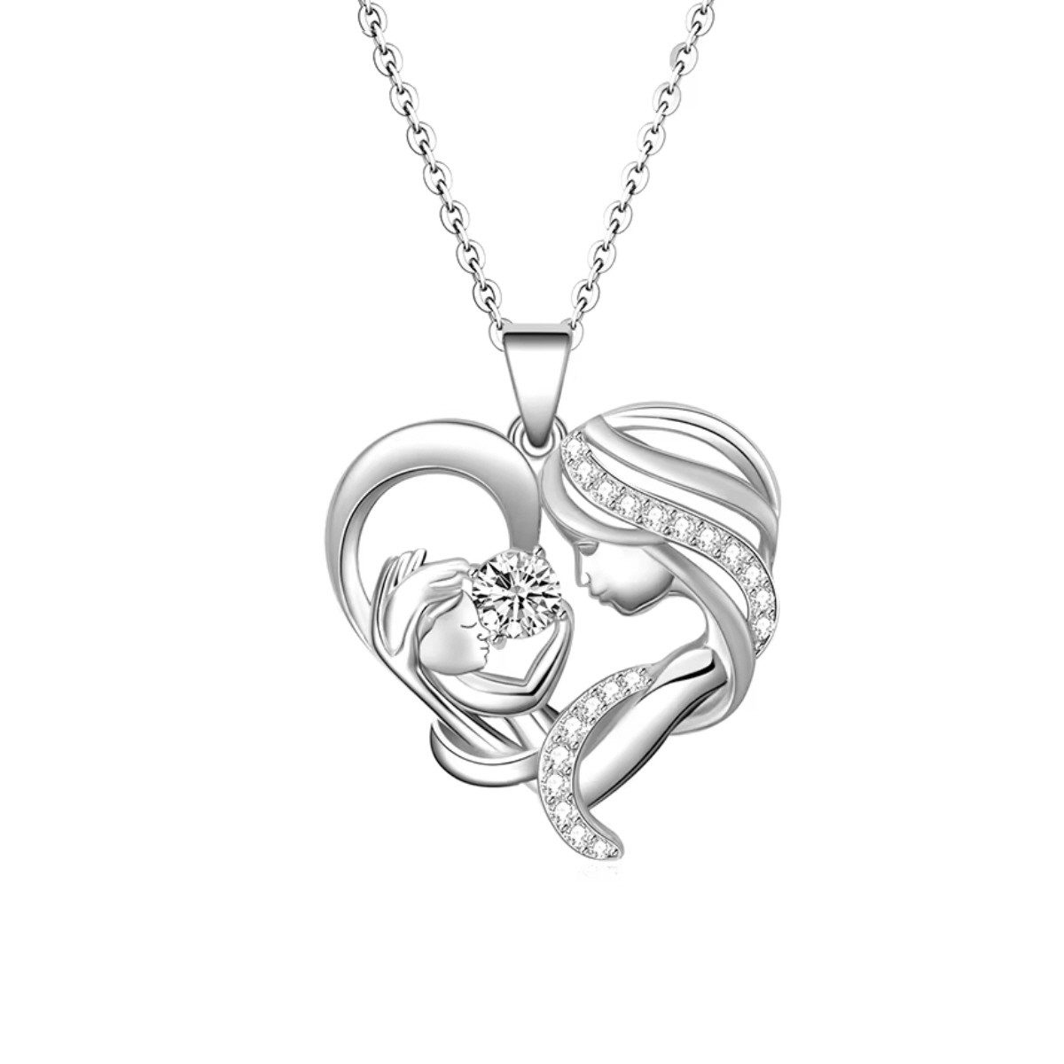 ELLAWIL Silberkette Mutter / Tochter / Baby Geburtskette Herzkette Zirkonia Glitzerstein (GESCHENKIDEE, Kettenlänge 45 cm, Sterlingsilber 925), inklusive Geschenkschachtel