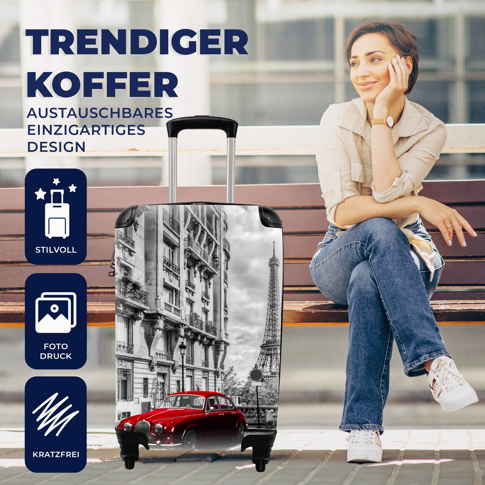 für - 4 Weiß Trolley, rollen, MuchoWow Schwarz Handgepäckkoffer - Eiffelturm Reisetasche Reisekoffer Rollen, Ferien, mit Auto, Handgepäck -