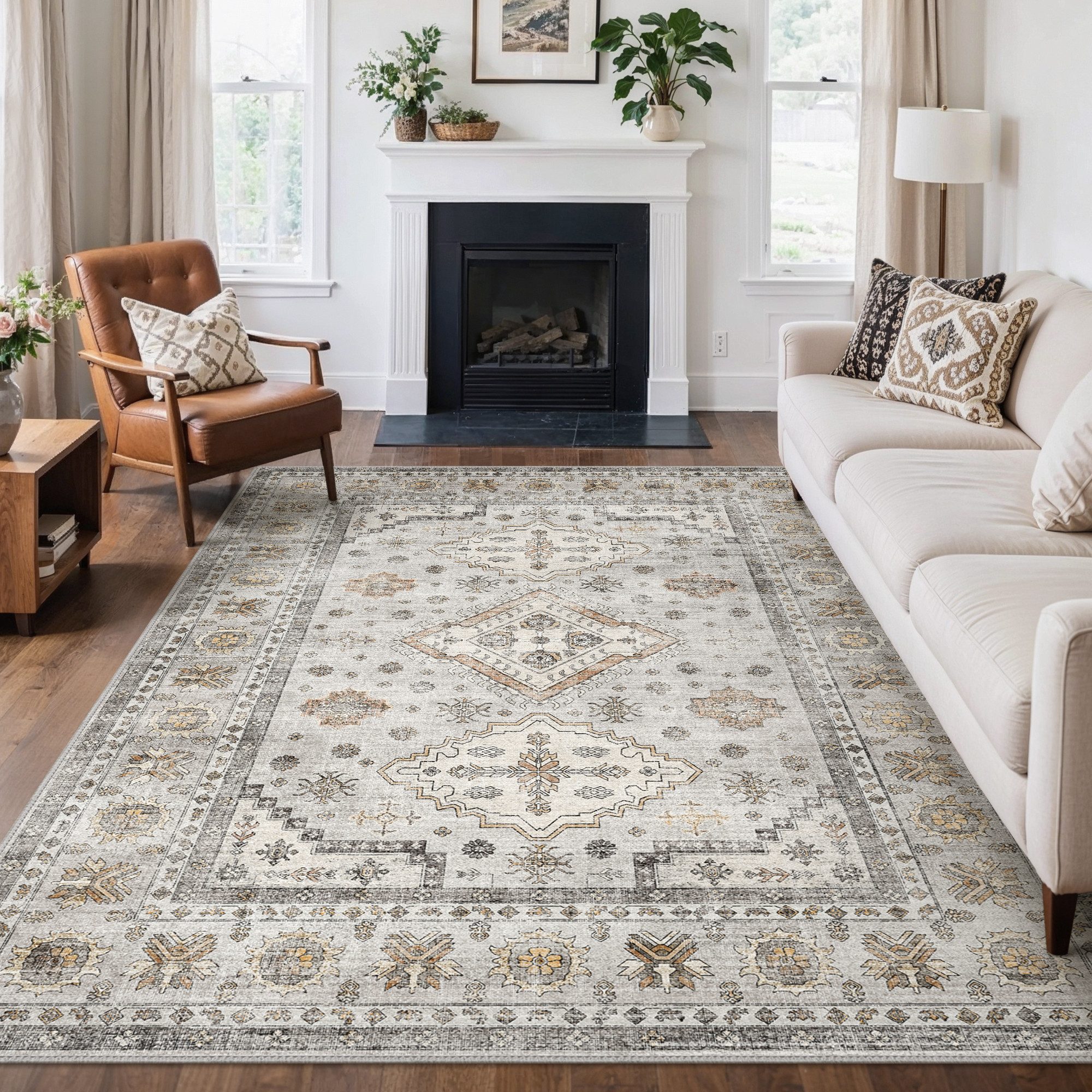 GENIMO Teppich Wohnzimmer Teppich, Boho, Kurzflor, waschbar, rutschfest, rechteckig, 60x90cm, orange