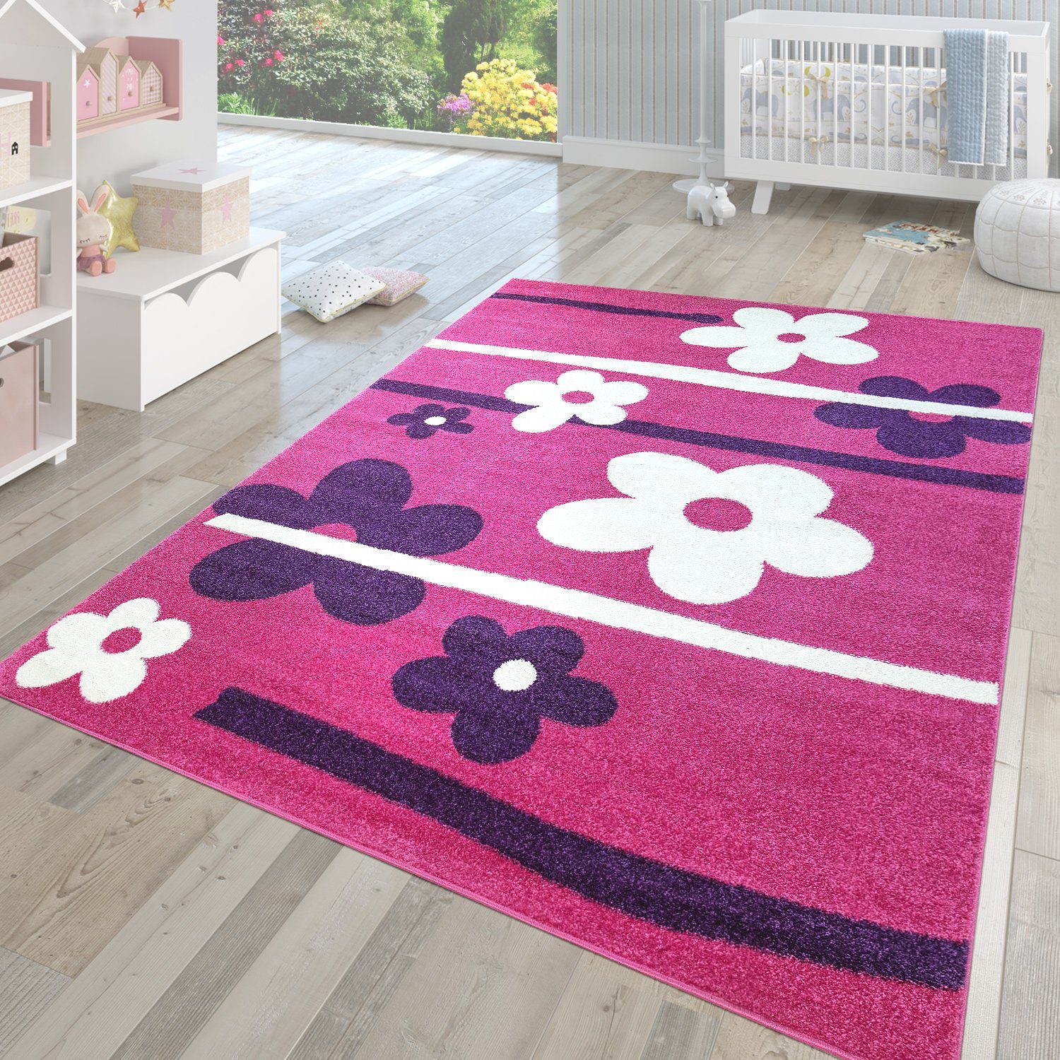 Kinderteppich Kinderzimmer Teppich Kurzflor Modernes Mehrfarbiges Motiv  Pink Blumen, TT Home, rechteckig, Höhe: 13 mm | Kurzflor-Teppiche