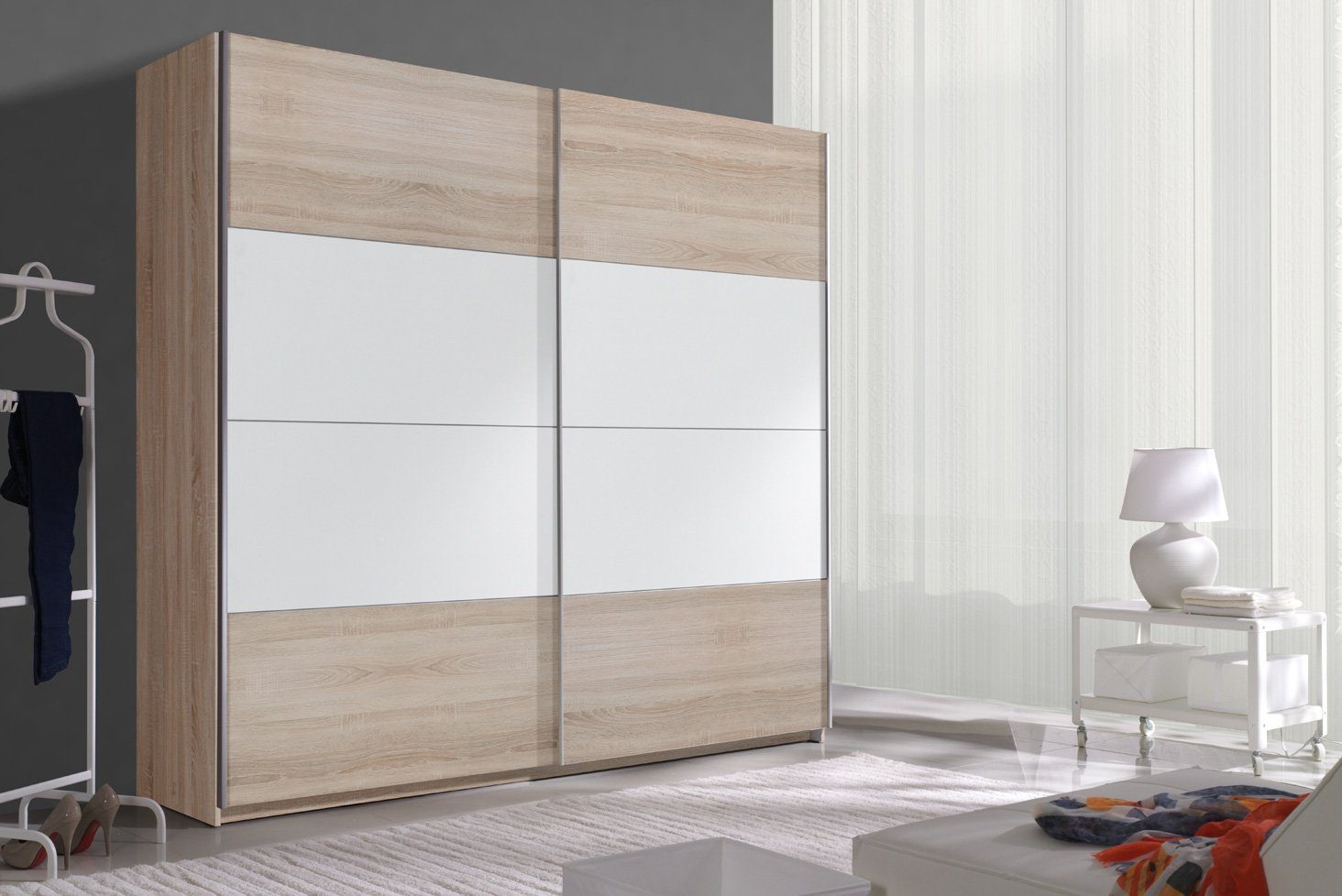 Helvetia Schwebetürenschrank Beta (2 Türen, innen 5 Böden & 1 Kleiderstange, 221x61x210cm, 1-St., mit Soft-Close Funktion, Griffleisten aus Metall) 221cm sonoma eiche hell weiß