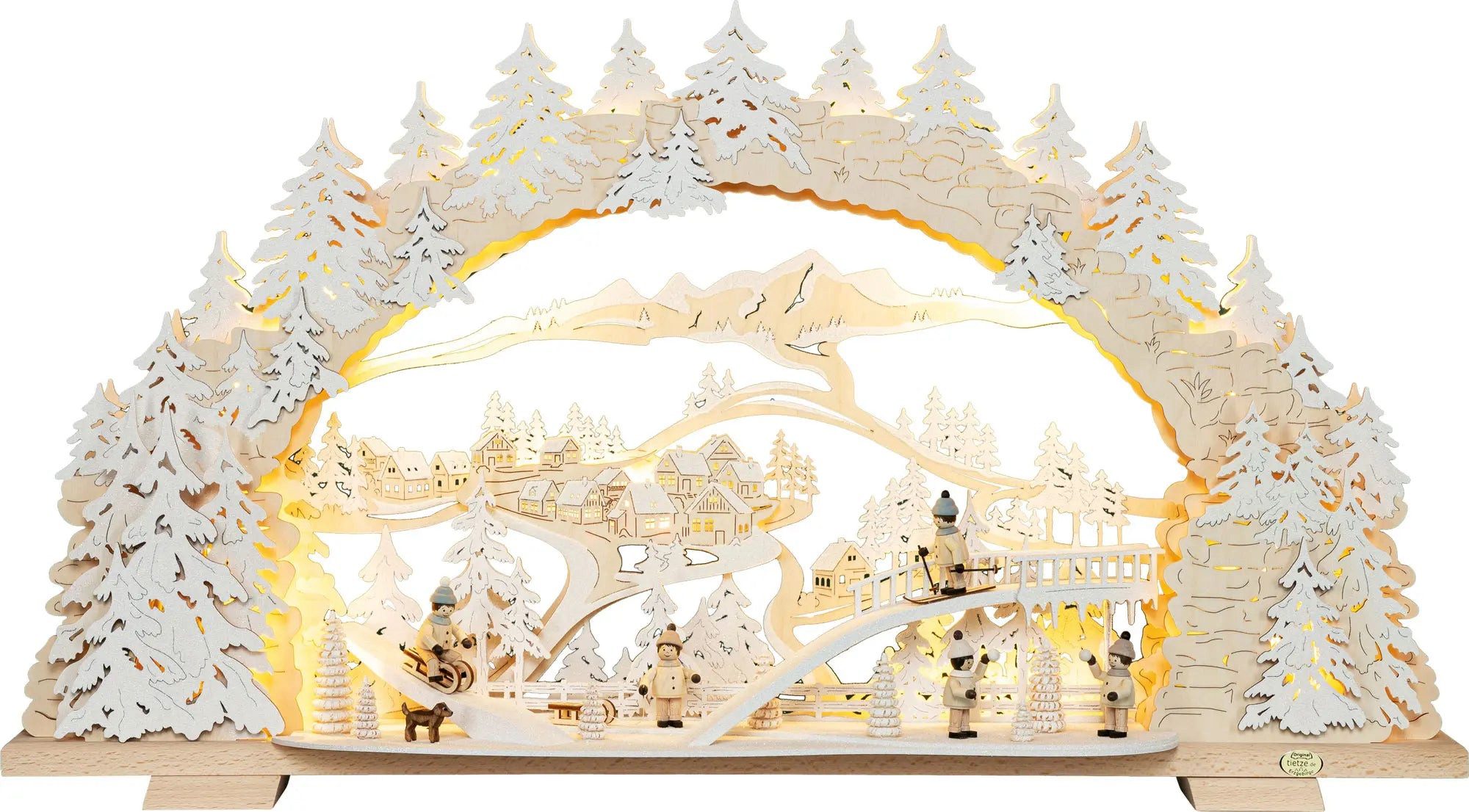 Tietze Erzgebirgsdesign LED Schwibbogen Rodeln auf dem Ziegenberg beschneit, 70x39x13 cm (BxHxT)