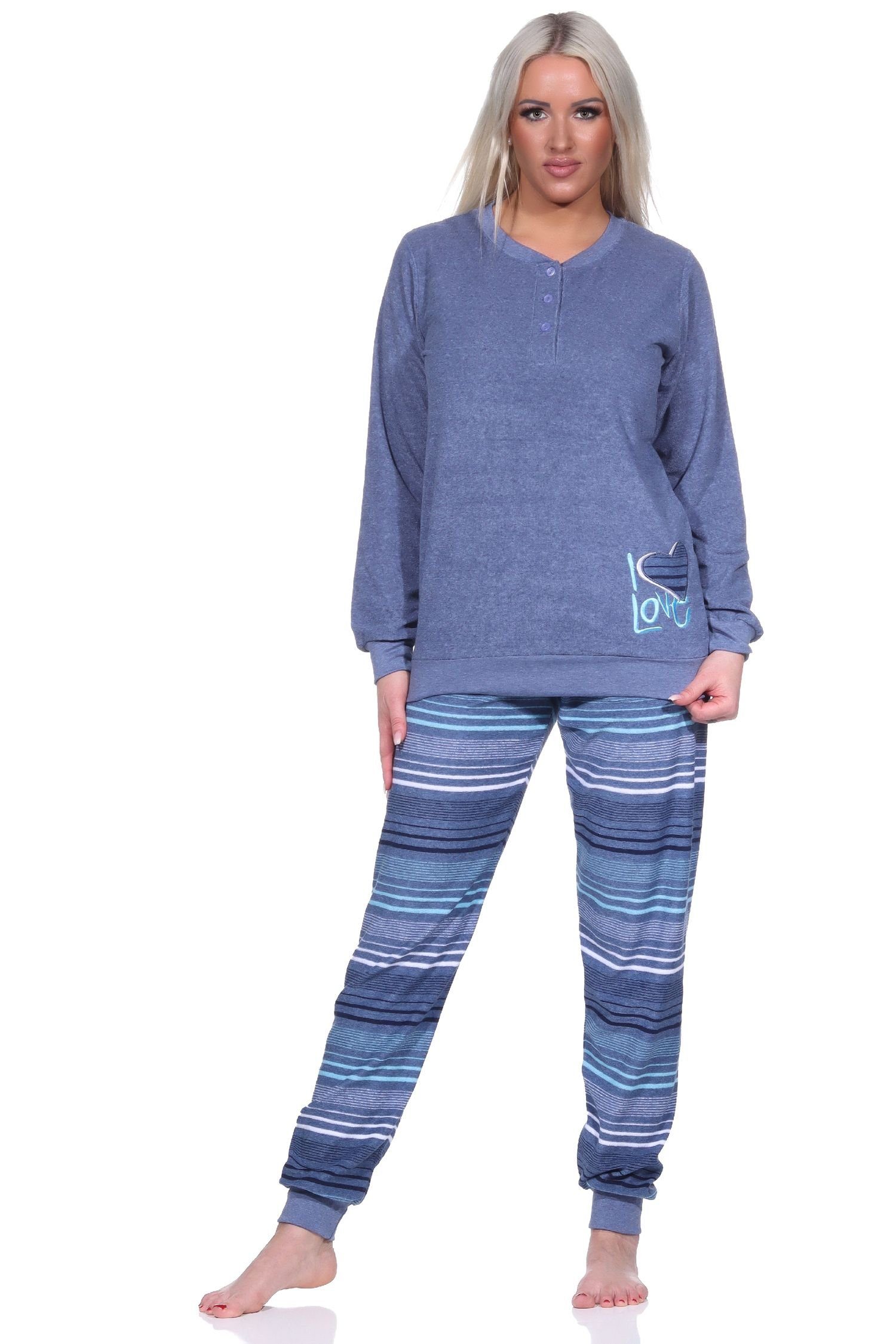 Bündchen Damen blau-melange gestreift mit langarm Pyjama Frottee Schlafanzug Normann Hose
