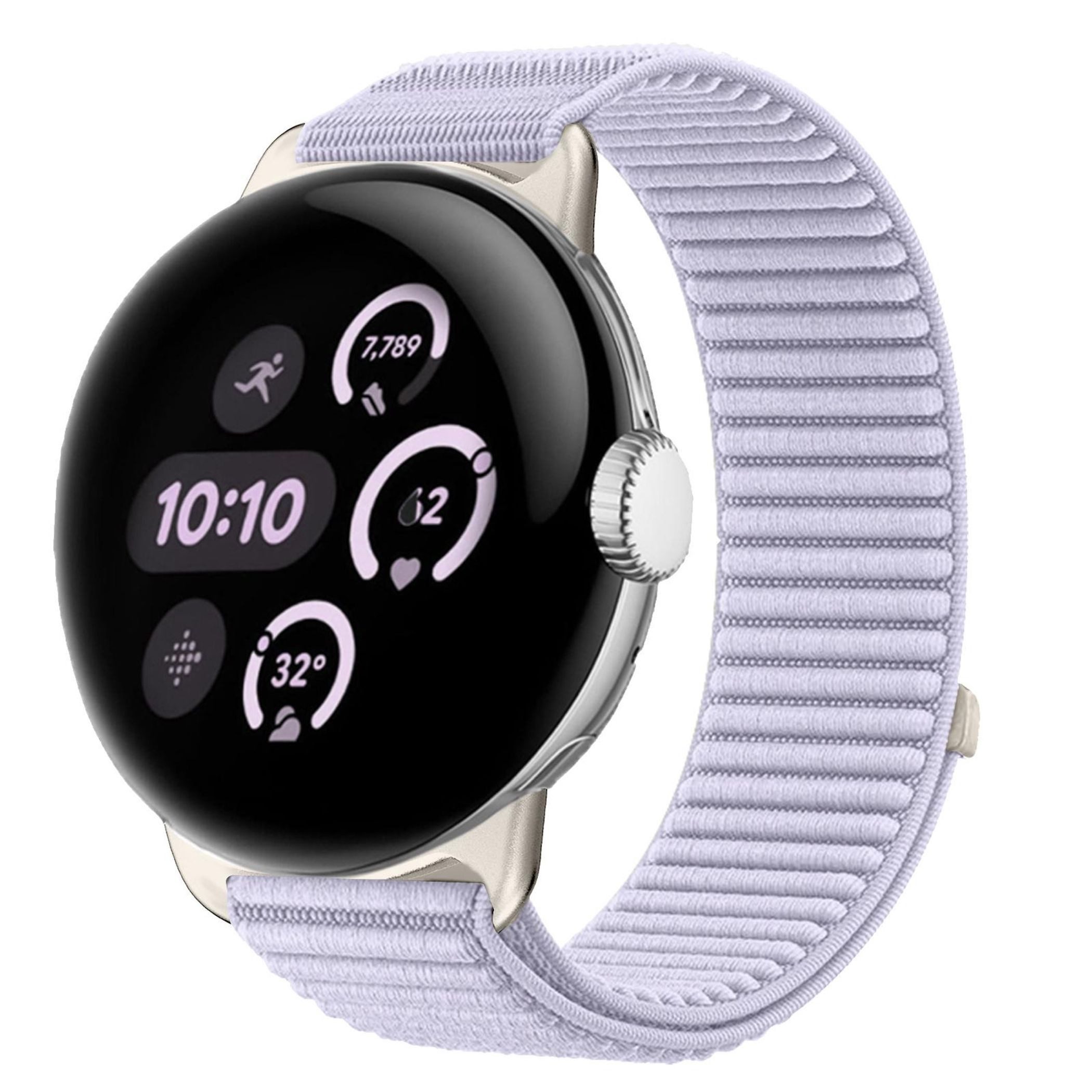 Wigento Smartwatch-Armband Für Google Pixel Watch 4 / 3 / 2 / 1 41mm Nylon Armband Klett Lila, Klettverschluss, Metallanschluss