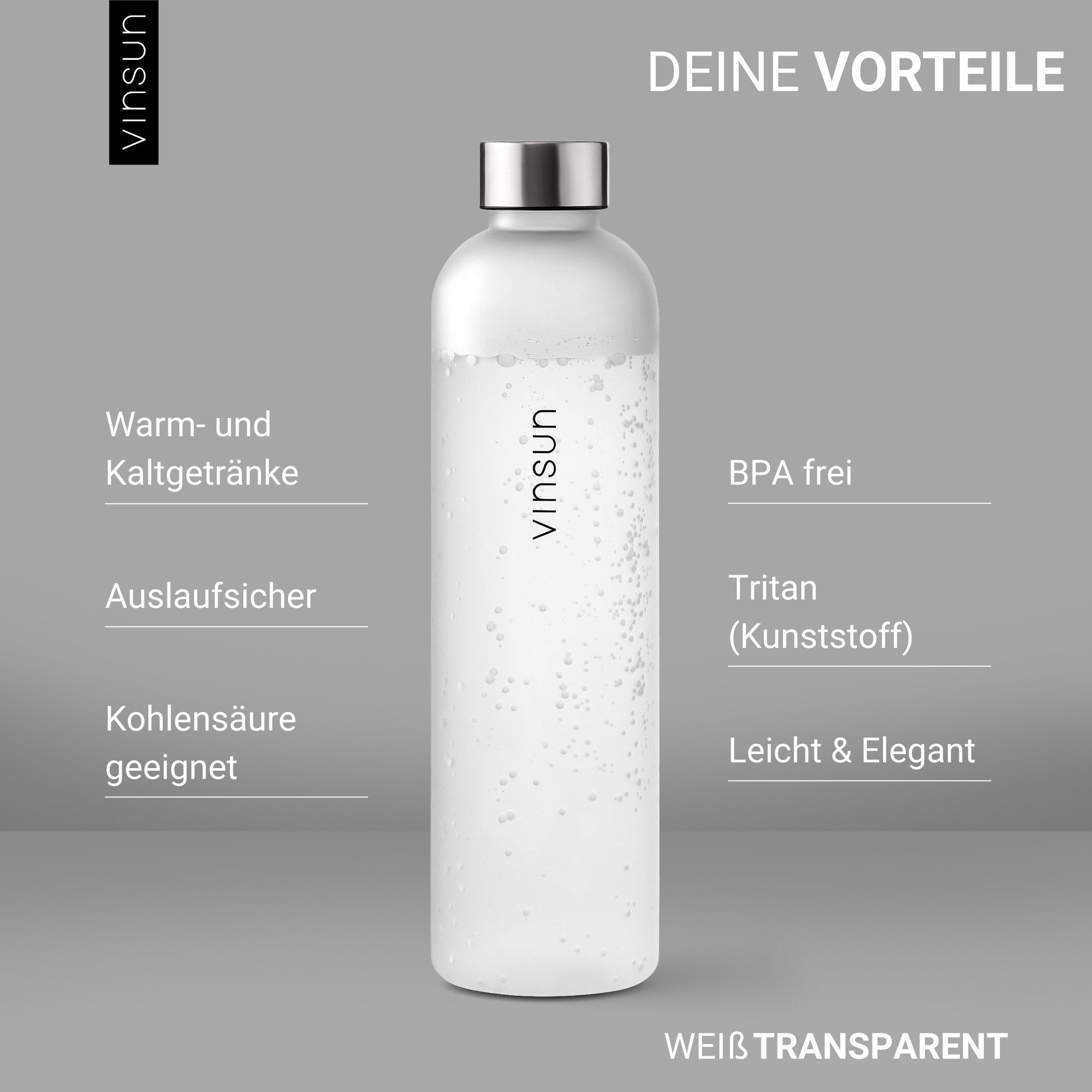 Vinsun Trinkflasche Tritan Wasserflasche 1L, Sportflasche Kohlensäure geeignet & BPA frei, Auslaufsicher, bruchsicher, geruchs- und geschmacksneutral