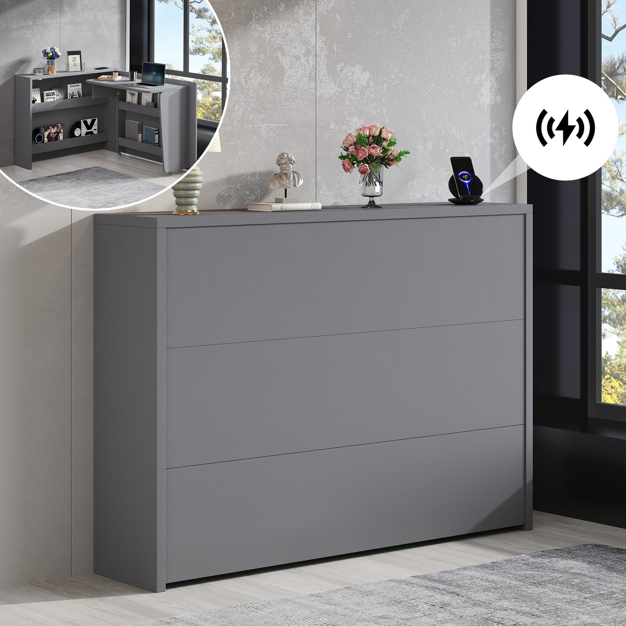 Flieks Schreibtisch 2-in-1 Sideboard & Arbeitsplatz mit Rollen und Wireless Charger (1-St), drehbar Arbeitstisch faltbar Mehrzweckschrank mit Ablagen Grau