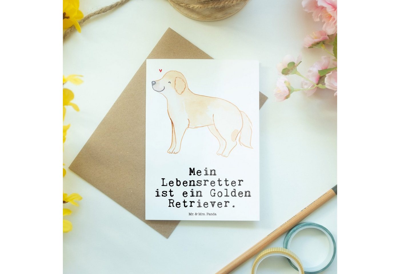 Thumbnail - Mr. & Mrs. Panda Grußkarte Golden Retriever Lebensretter - Weiß - Geschenk, Ansichtskarten, Gold, Einzigartiges Design