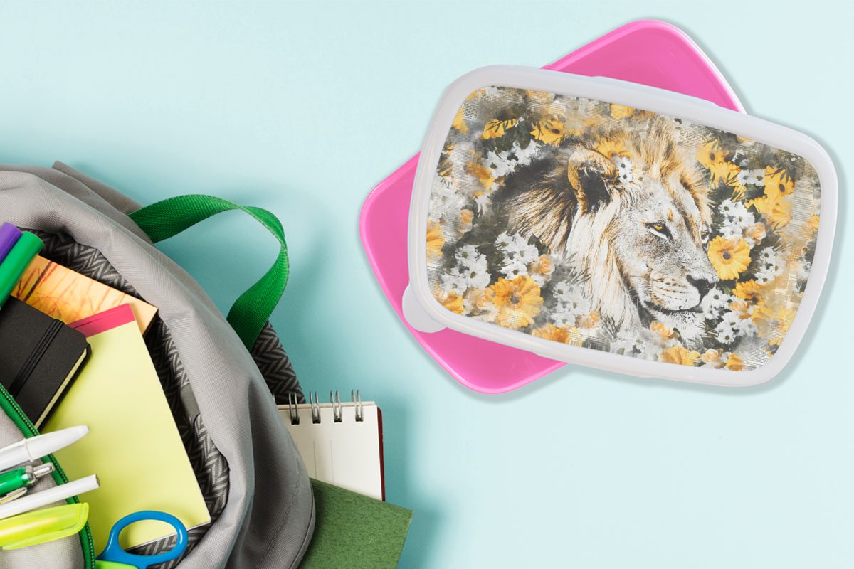 Mädchen, Löwe Weiß, - Brotdose für Erwachsene, (2-tlg), Kunststoff, Blumen Kinder, Brotbox Snackbox, - Lunchbox Kunststoff - Schwarz rosa MuchoWow