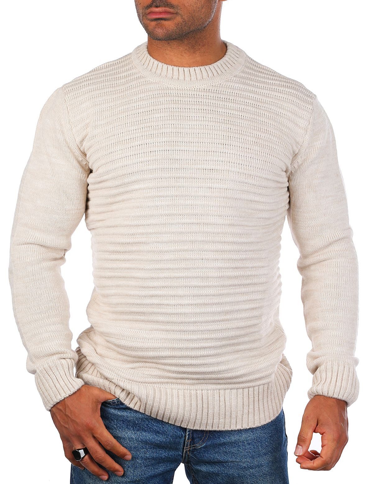 CARISMA Strickpullover Herren einfarbig mittelgrob gestrickt gerippte Längsstreifen 7828