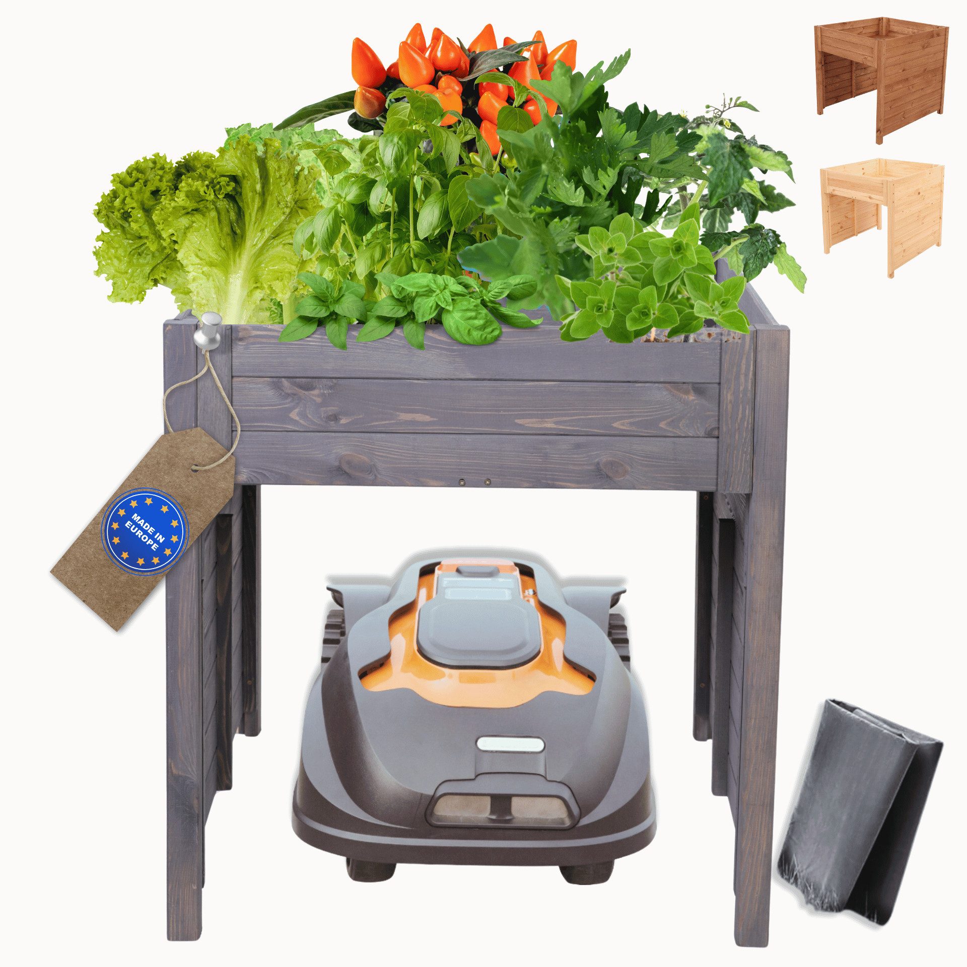 Modo24 Mähroboter-Garage XXL Rasenmäher Garage HxBxT 76x79x74 cm / FSC Holz/ Wetterfest, Rasenrobotergarage aus Holz mit Pflanzkasten inkl. Folie/3 Farben grau