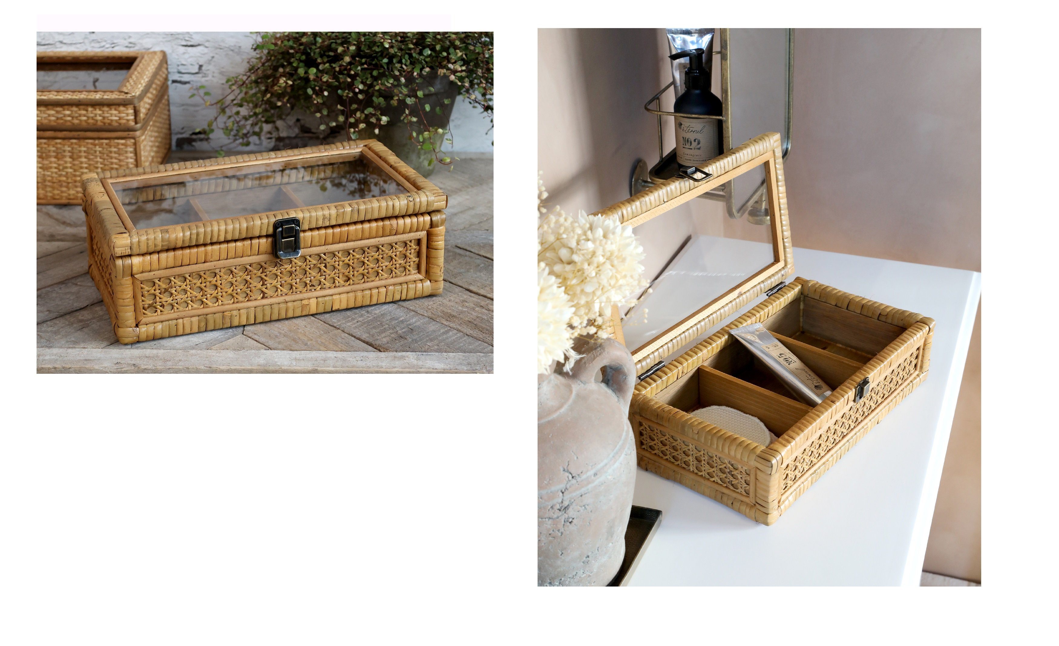 Chic Antique Holzkiste Schmuckschatulle Schmuckkästchen Kästchen Rattan Glas Chic Antique