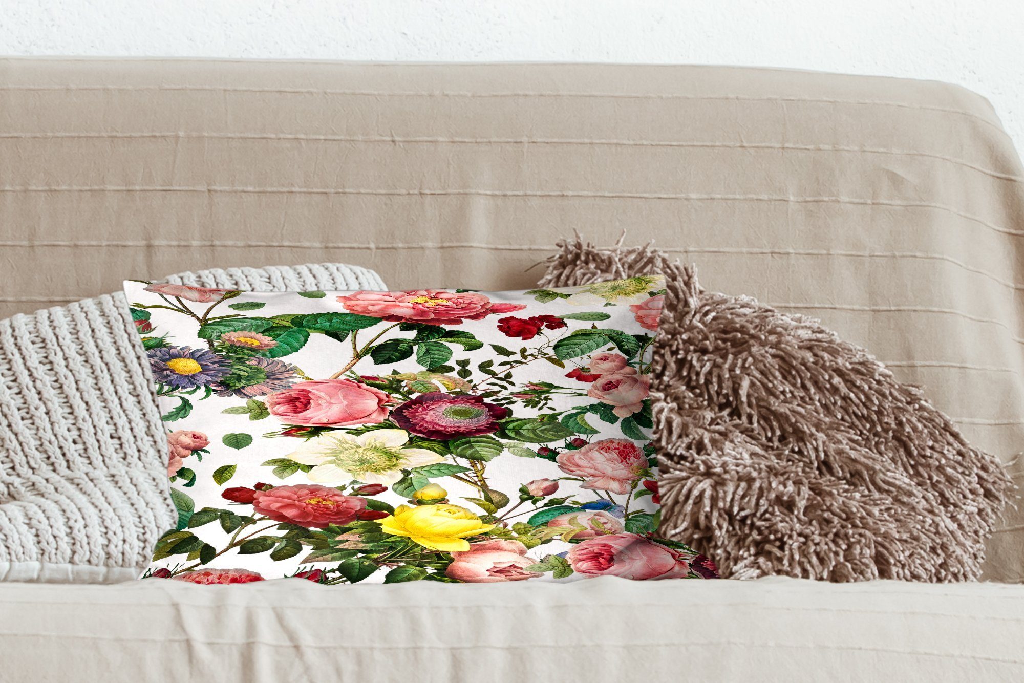 MuchoWow Dekokissen Rose Schlafzimmer Dekoration, Füllung, Weiß, Wohzimmer - Zierkissen, mit - Blumen Dekokissen