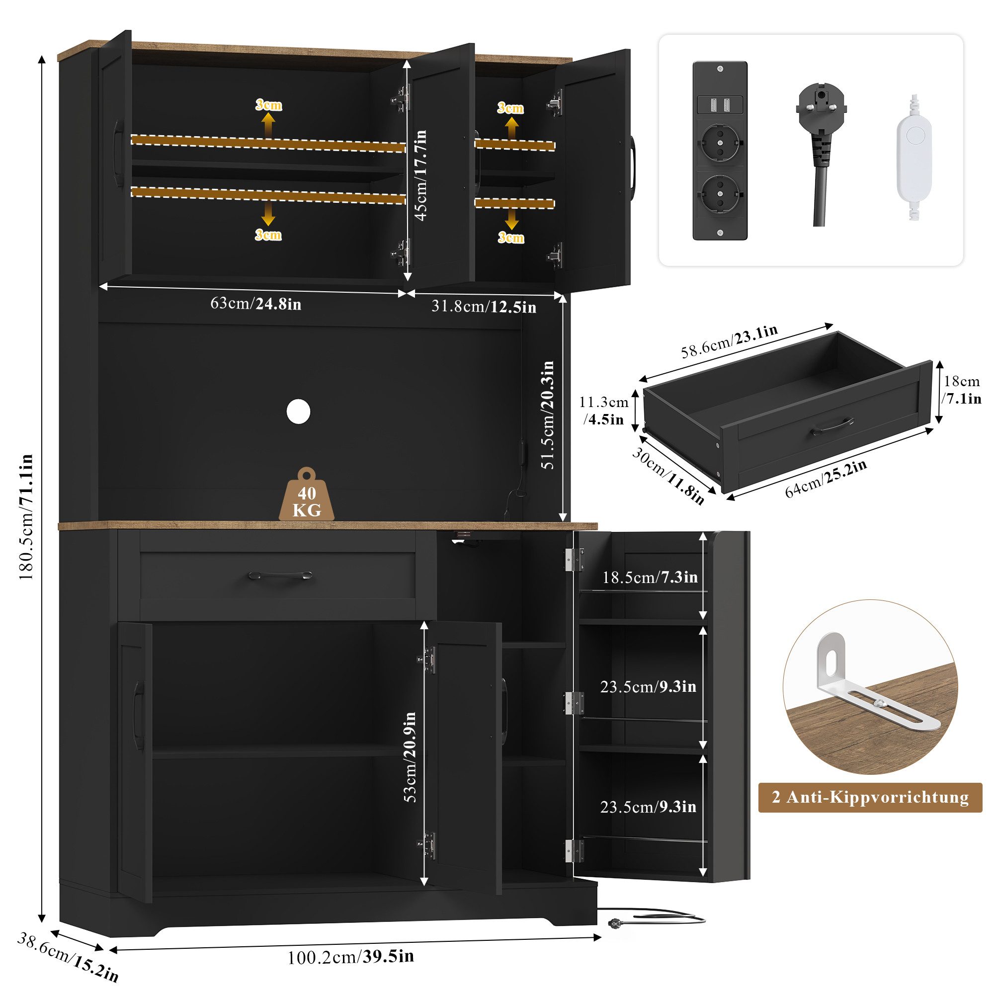 Homfa Küchenbuffet Küchenbuffet mit LED Küchenschrank Buffetschrank Sideboard weiß mit Steckdosenleiste & Arbeitsplatte 180,5x100x38,6cm