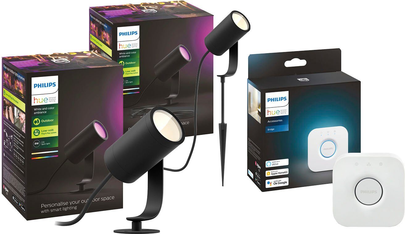 Philips Hue LED Gartenstrahler Lily, Dimmfunktion, LED fest integriert, RGB, Basisset mit Netzteil + Einzelspot + Hue Bridge