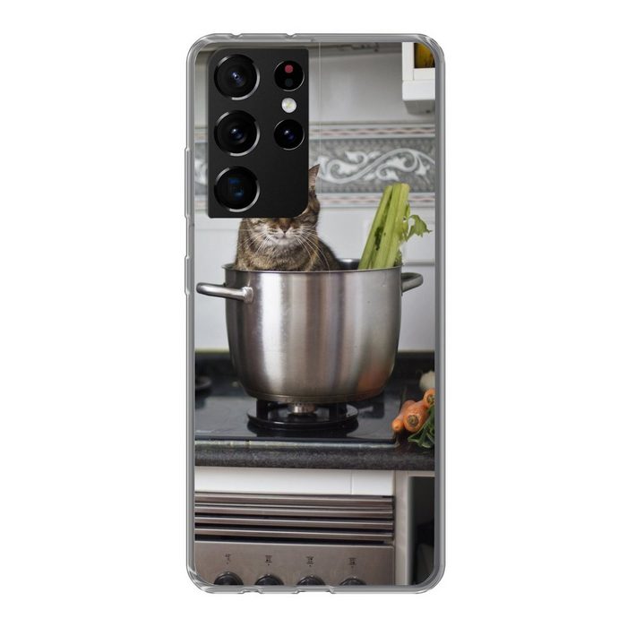 MuchoWow Handyhülle Katze - Pfanne - Küche Phone Case Handyhülle Samsung Galaxy S21 Ultra Silikon Schutzhülle