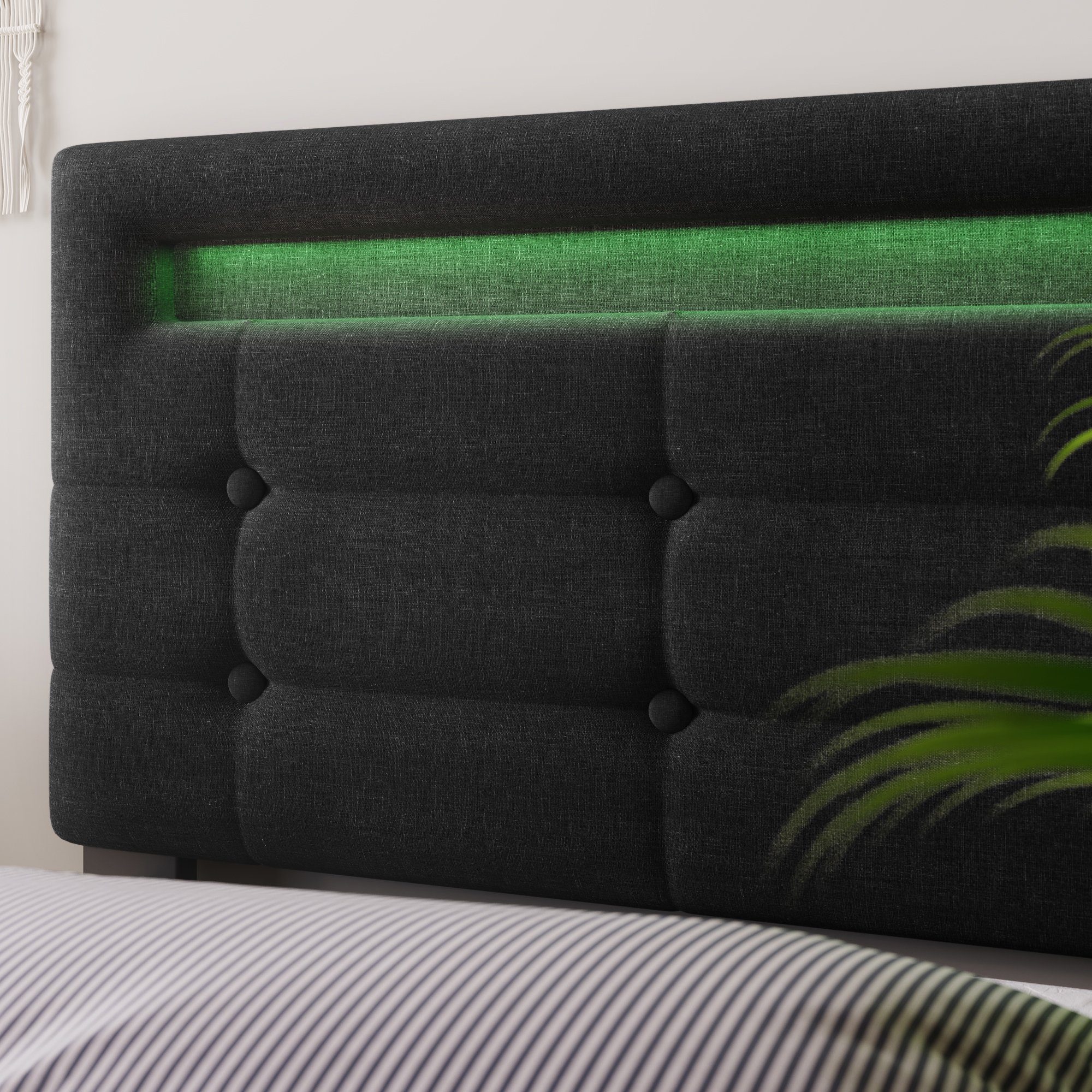 Polsterbett (mit LED-Beleuchtung, Fernbedienung und verstellbarem Kopfteil), Doppelbett mit Lattenrost, 4 Schubladen, Leinen, 140x200cm Bett