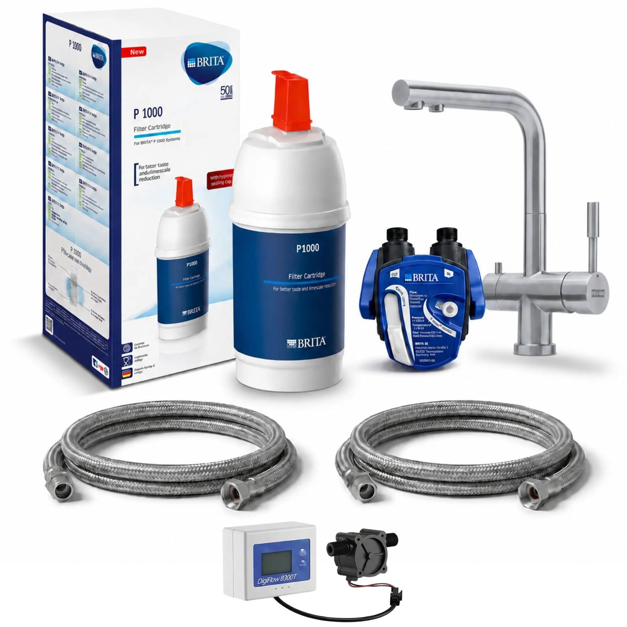 Neues Wasser Untertisch-Trinkwassersystem P1000 Untertisch-Wasserfilter-Set mit 3-Wege-Armatur, FRANKE, BRITA P1000 Filterset mit Digiflow-Zähler