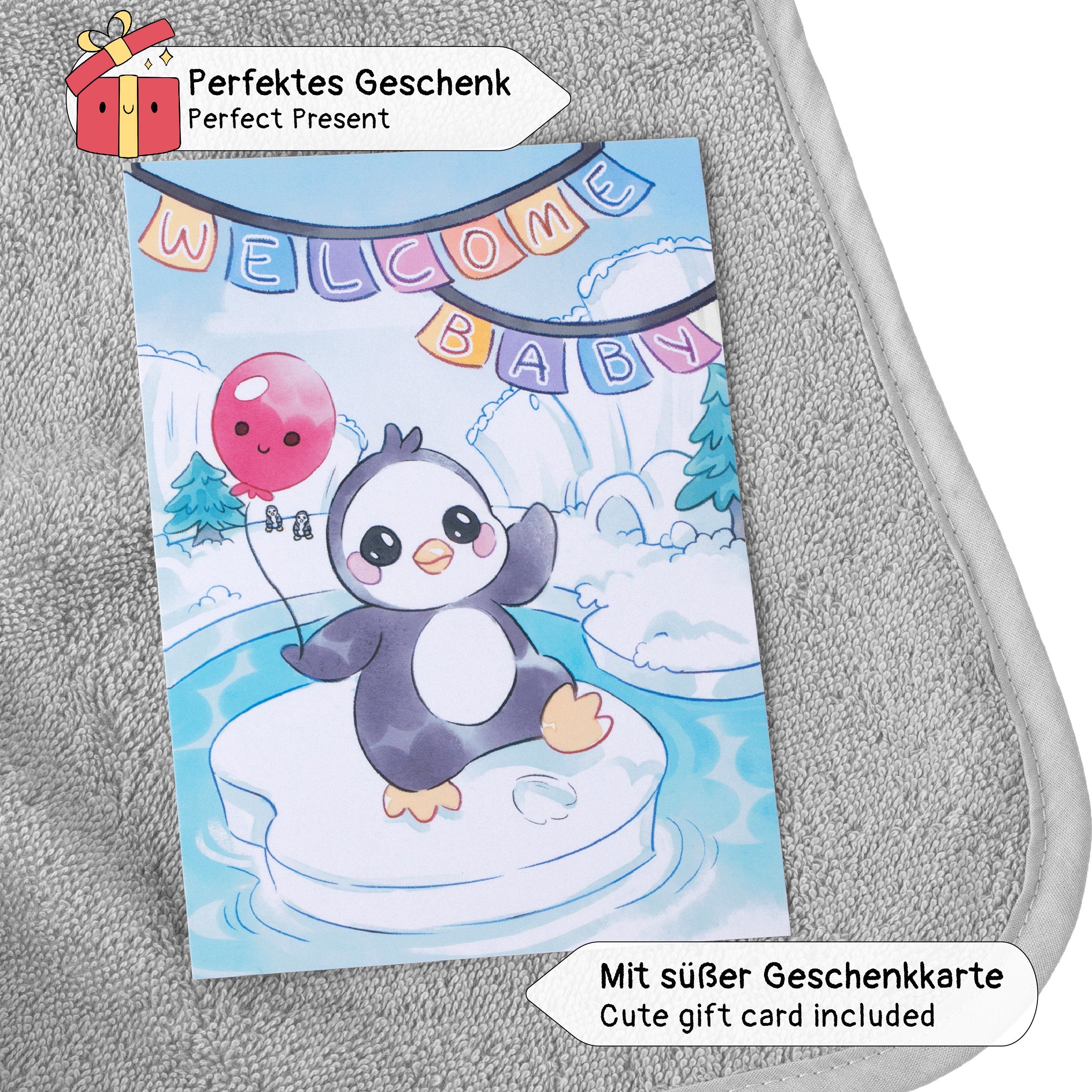 Corimori Badetuch Baby Kapuzenbadetuch mit Baumwolle Pinguin (1-St), Geschenk-Set, Motiv Grußkarte